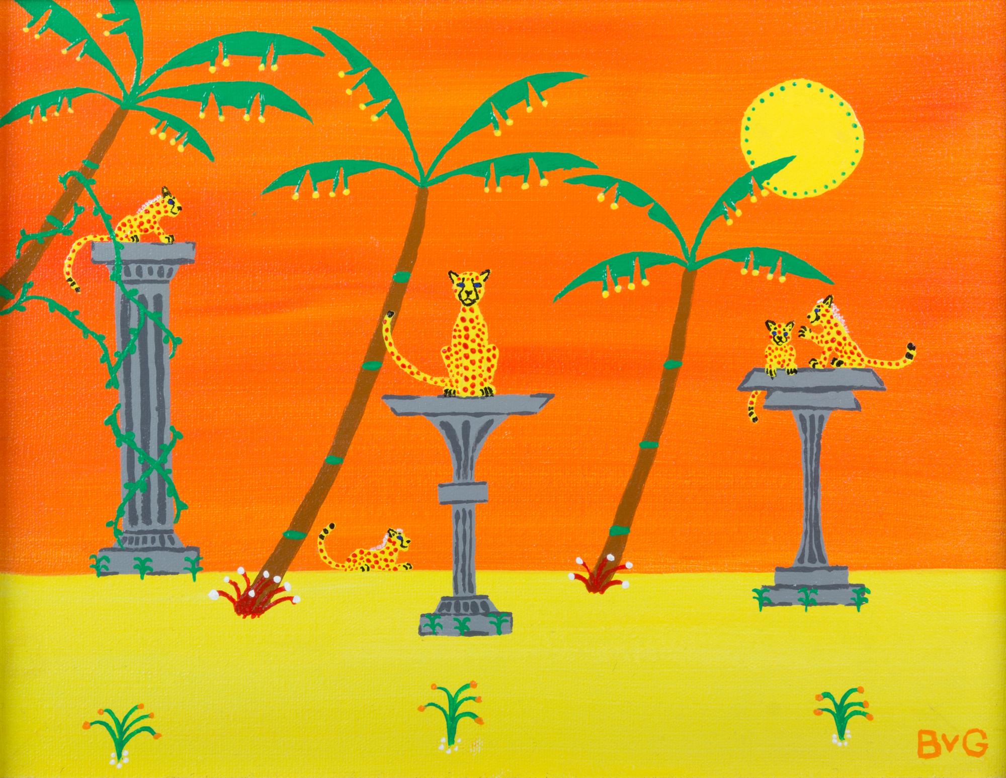Barry Van Gerbig, (American, 20th Century), comprising of three scenes, Scenes of Cheetahs in Comical Desert Settings