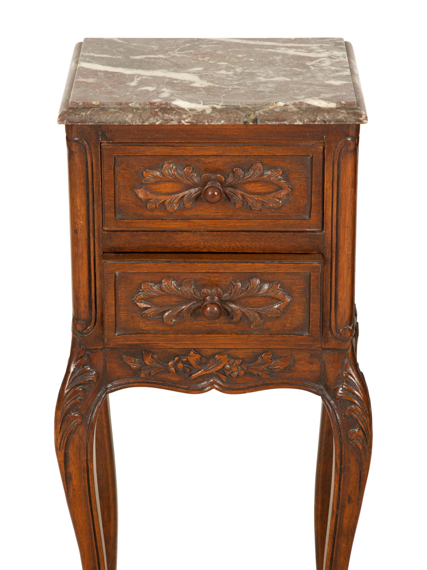 A Pair of Louis XV Style Carved Mahogany Side Tables with Marble Tops — 19th/20th Century