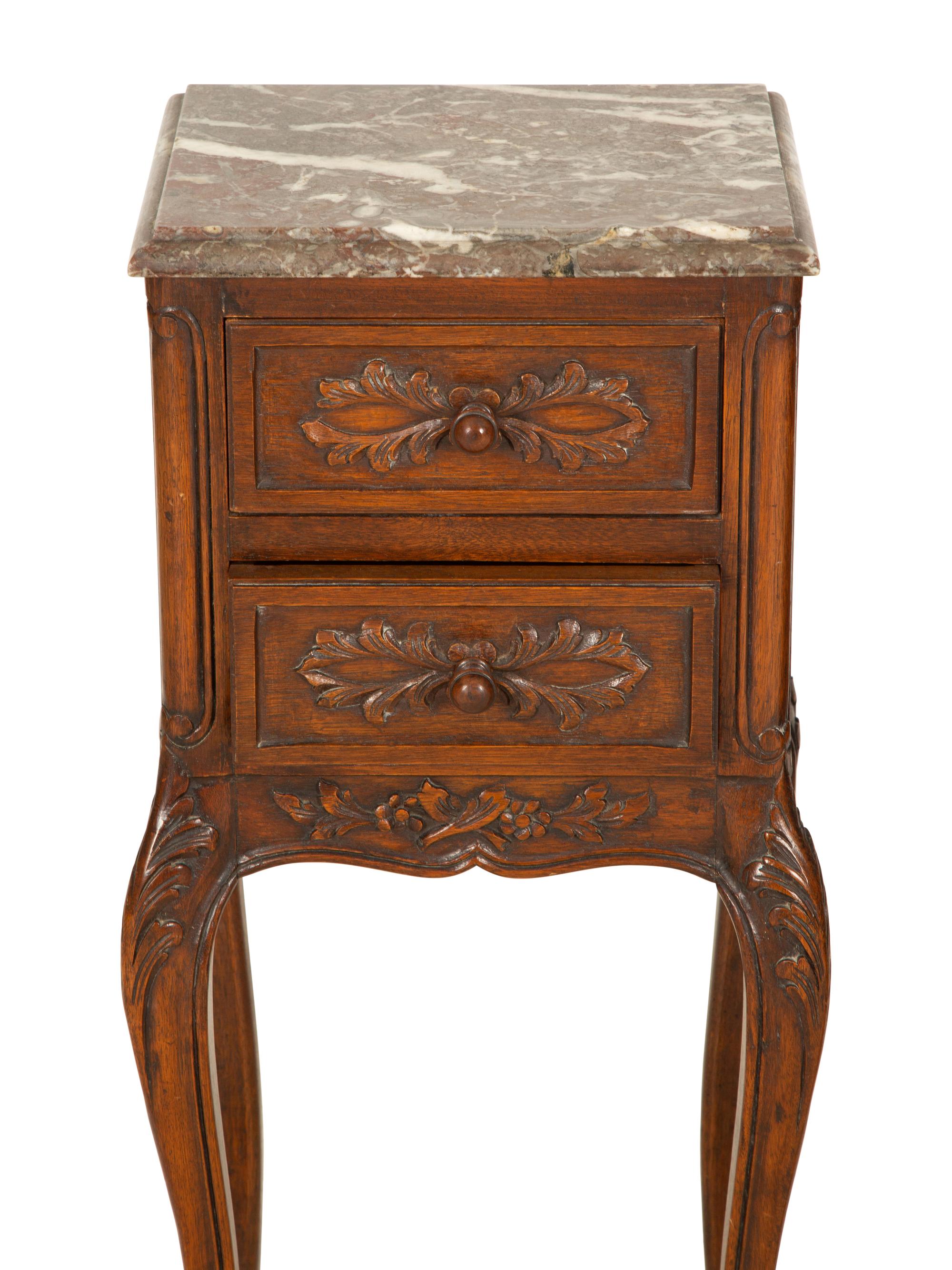 A Pair of Louis XV Style Carved Mahogany Side Tables with Marble Tops — 19th/20th Century