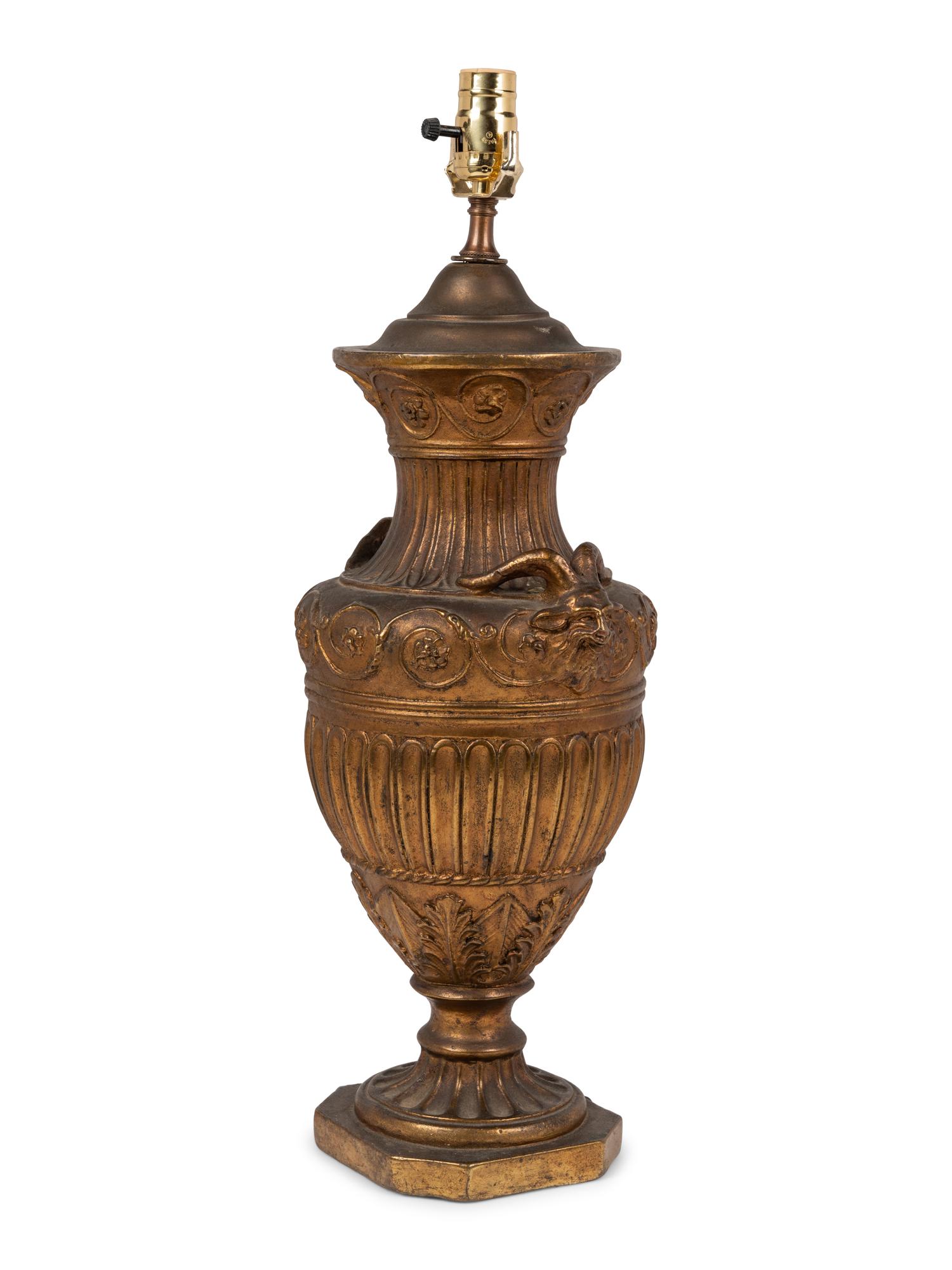 A Neoclassic Style Gilt Composition Urn Mounted as a Lamp