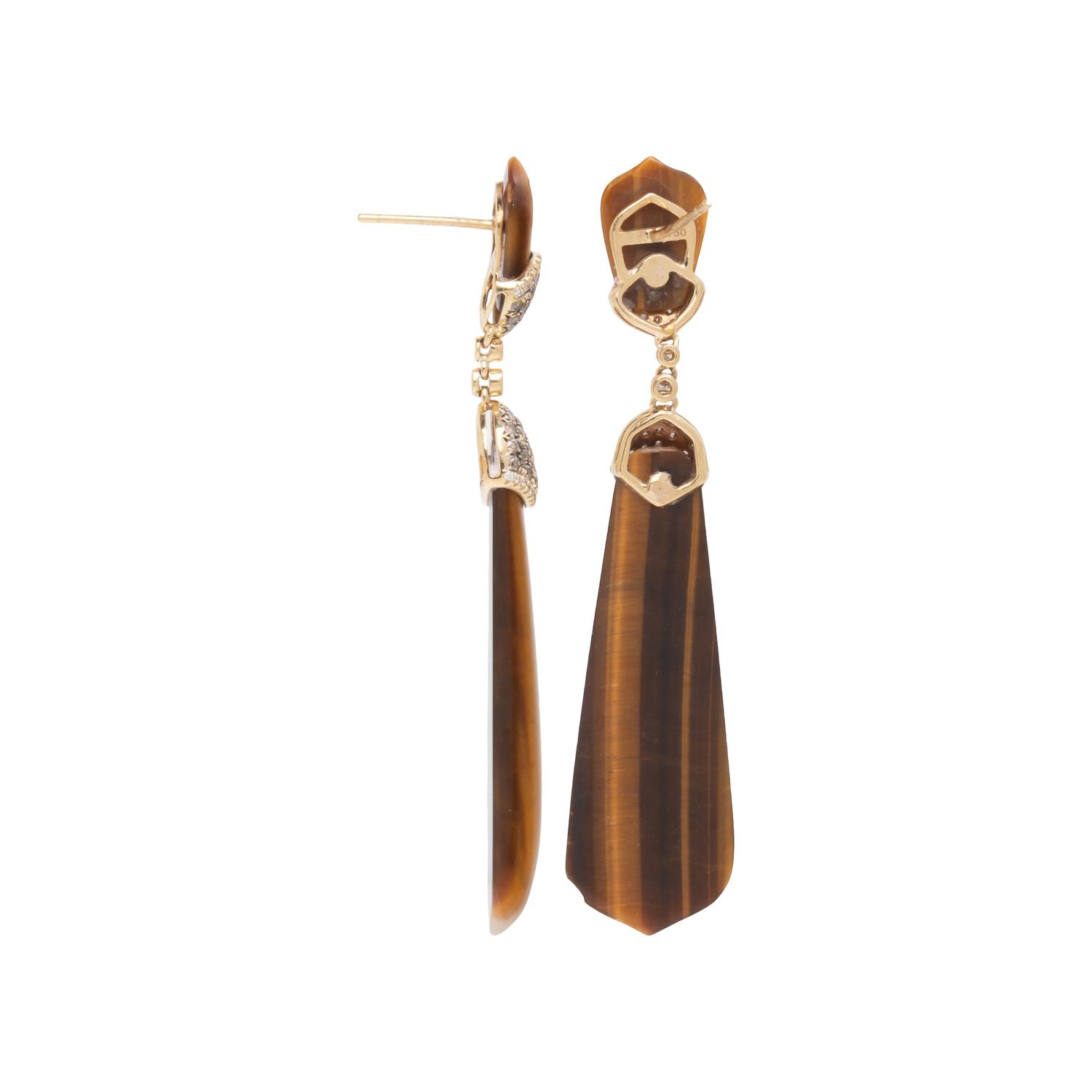 YELLOW GOLD, TIGER'S EYE, AND MULTICOLORED DIAMOND EARRINGS