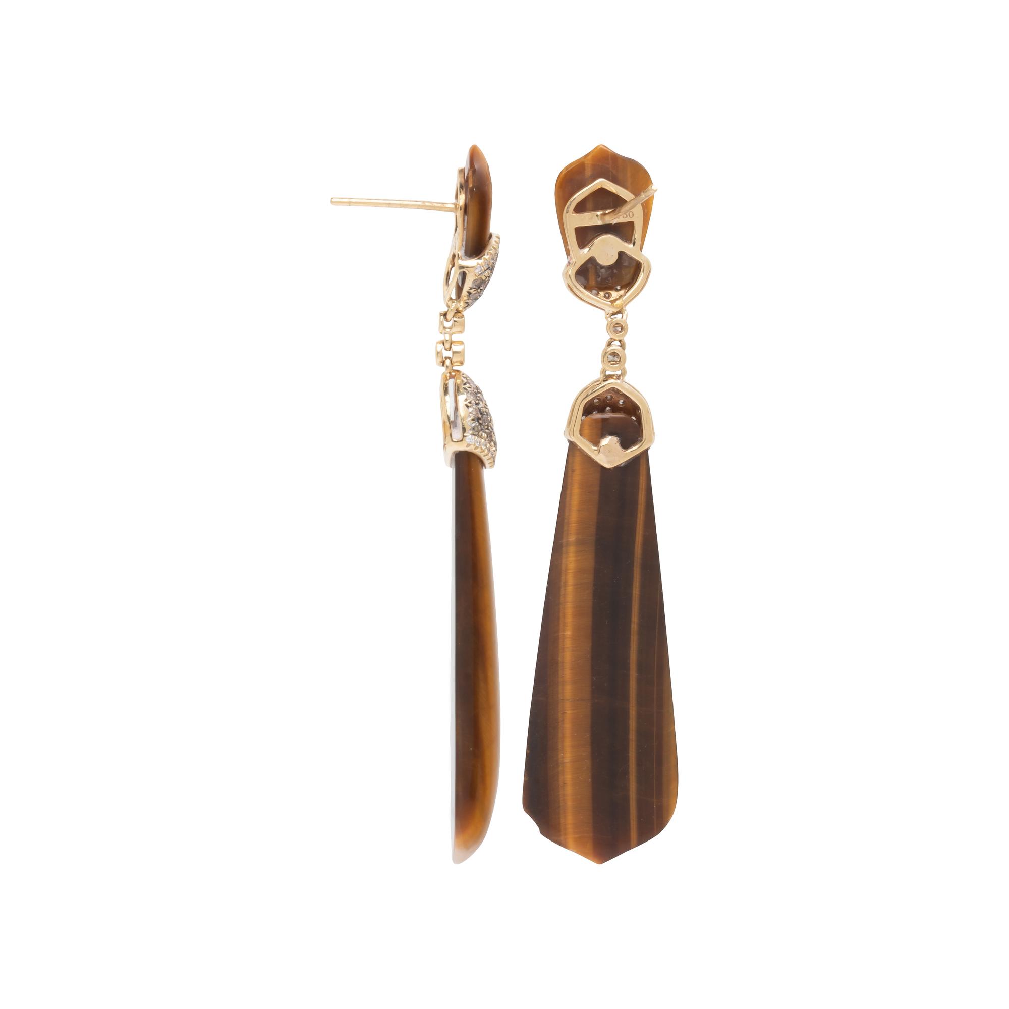 YELLOW GOLD, TIGER'S EYE, AND MULTICOLORED DIAMOND EARRINGS