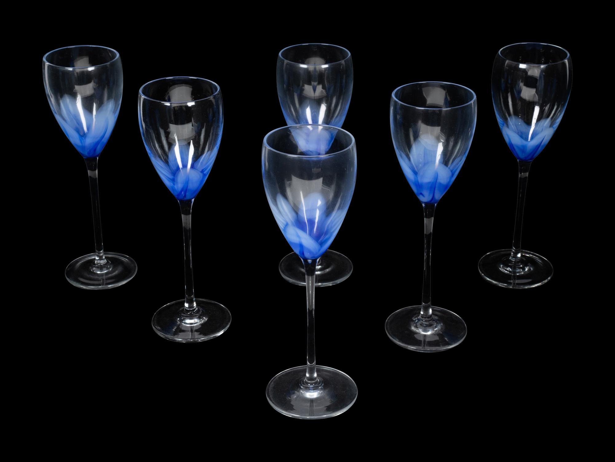 Nine Blue and Clear Glass Wine Stems