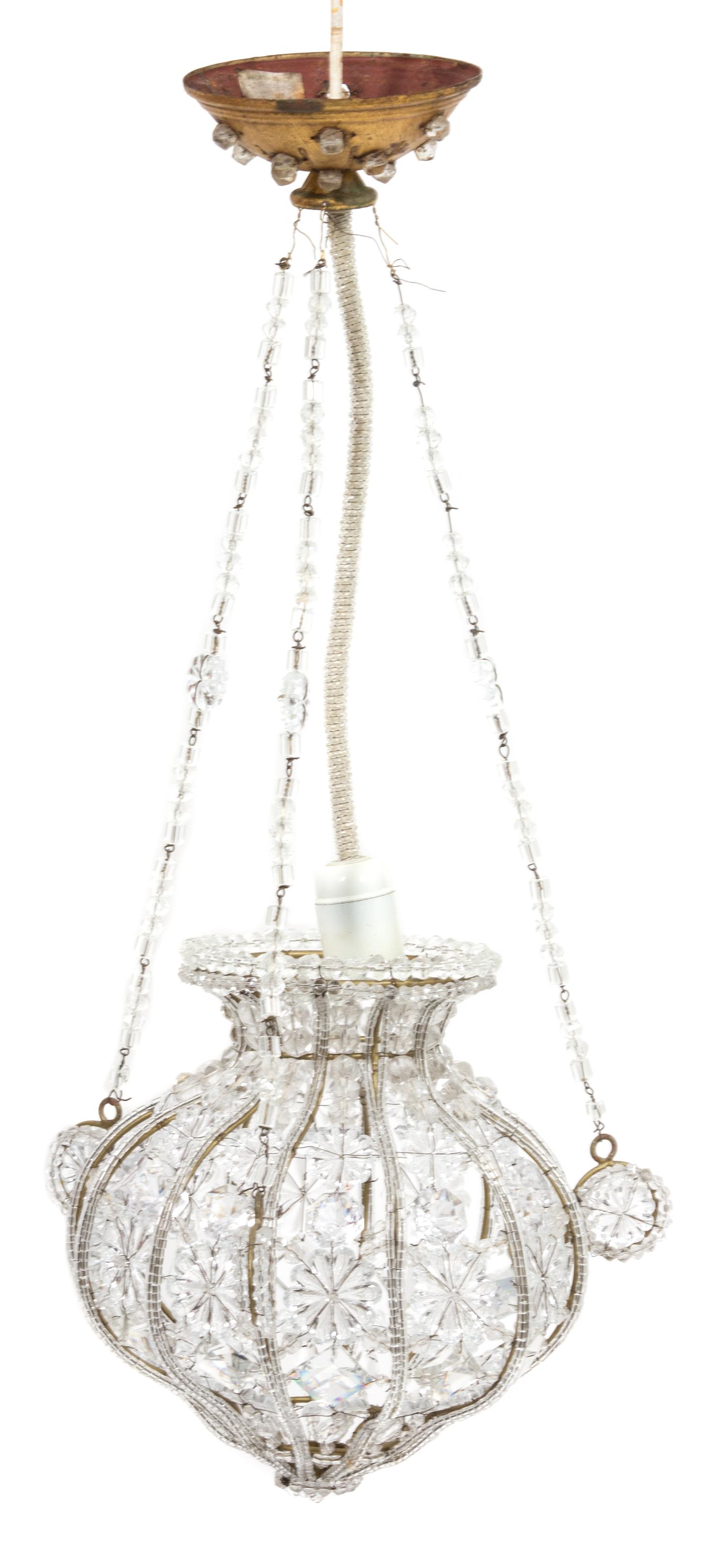 Three Gilt Metal and Glass Beaded Single-Light Chandeliers Height 22 inches. — 20TH CENTURY