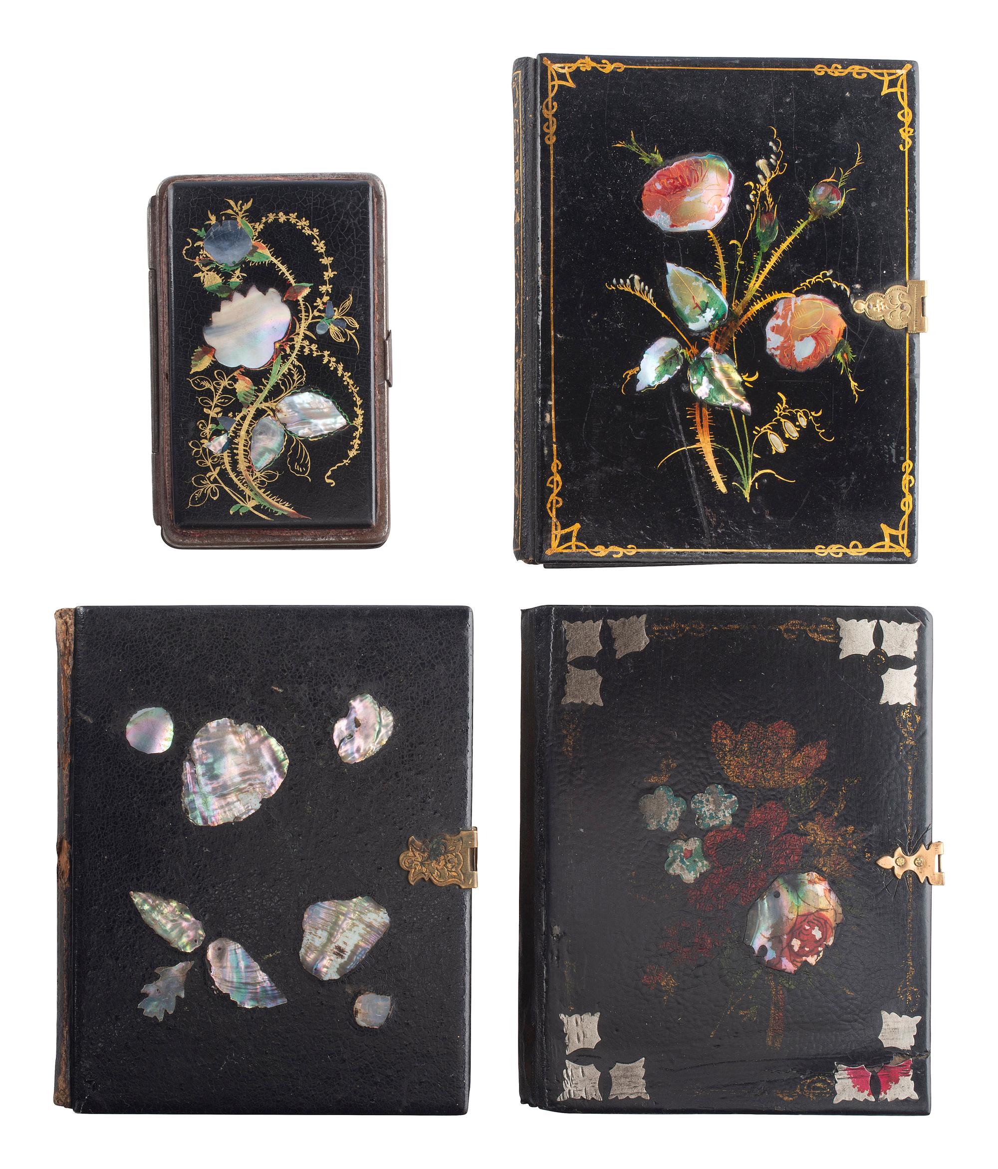 [EARLY PHOTOGRAPHY]. A group of 13 cases or accesories with mother-of-pearl inlay, including: