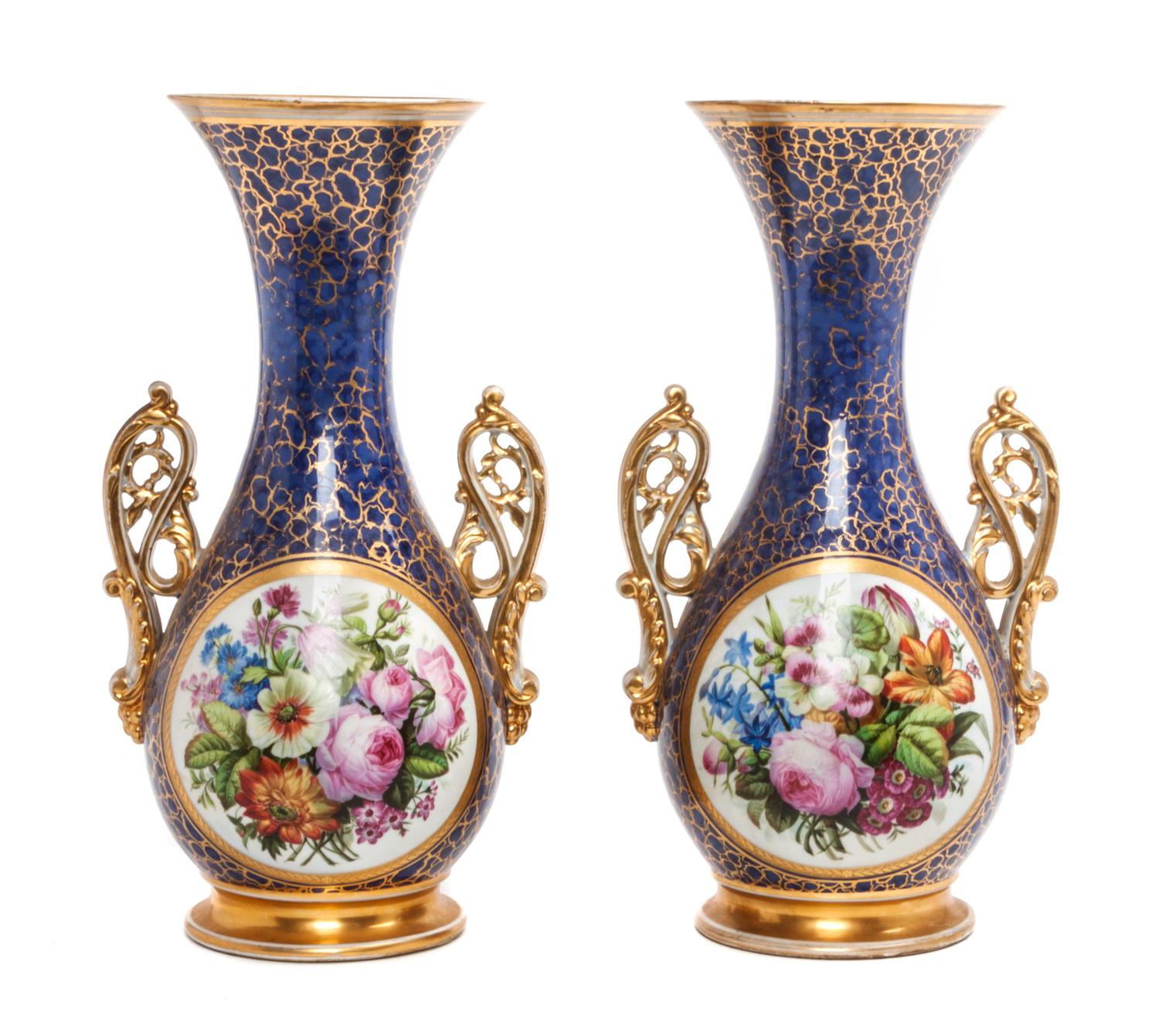 A Pair of Paris Porcelain Vases Height 14 1/2 inches.