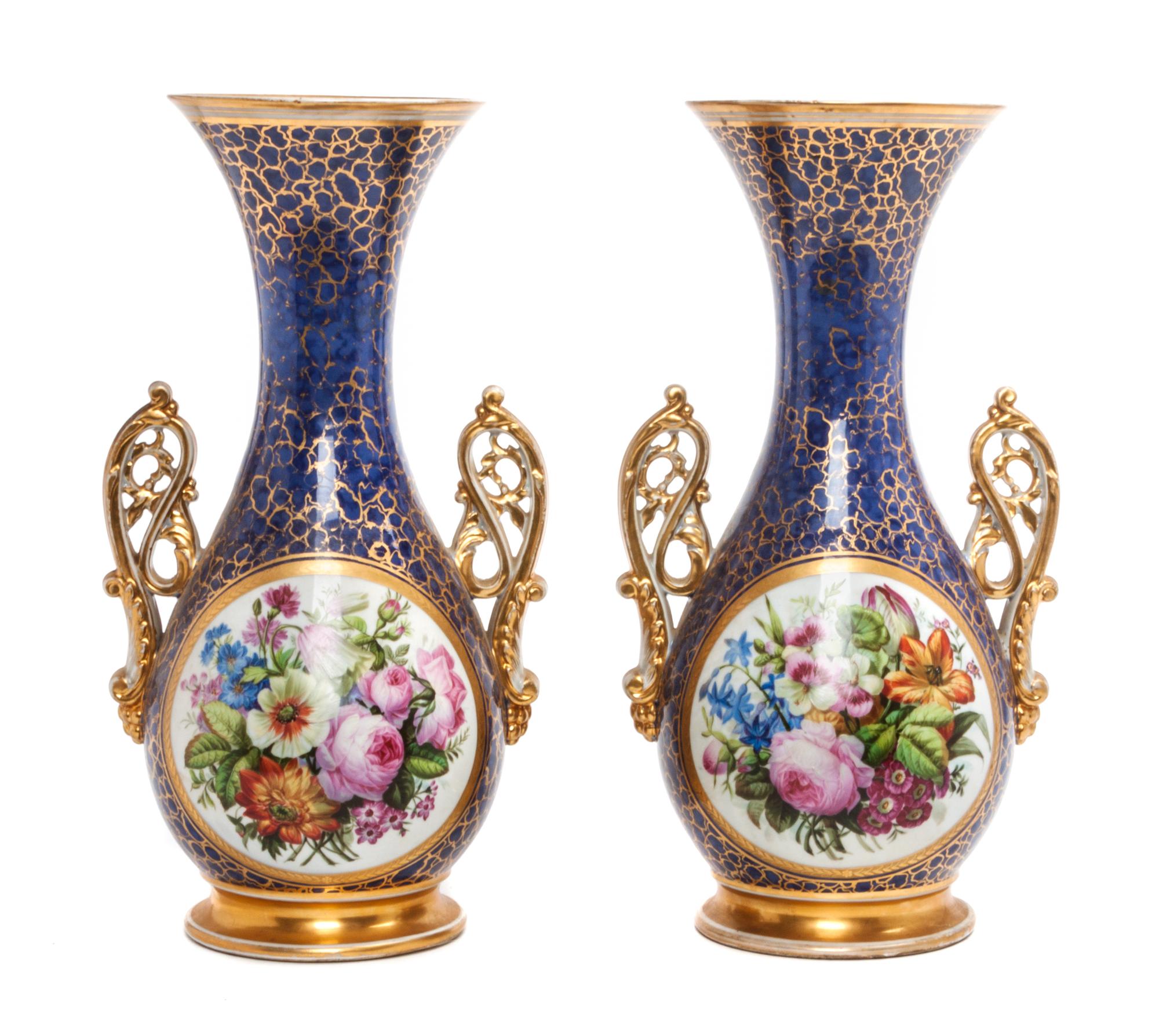 A Pair of Paris Porcelain Vases Height 14 1/2 inches.