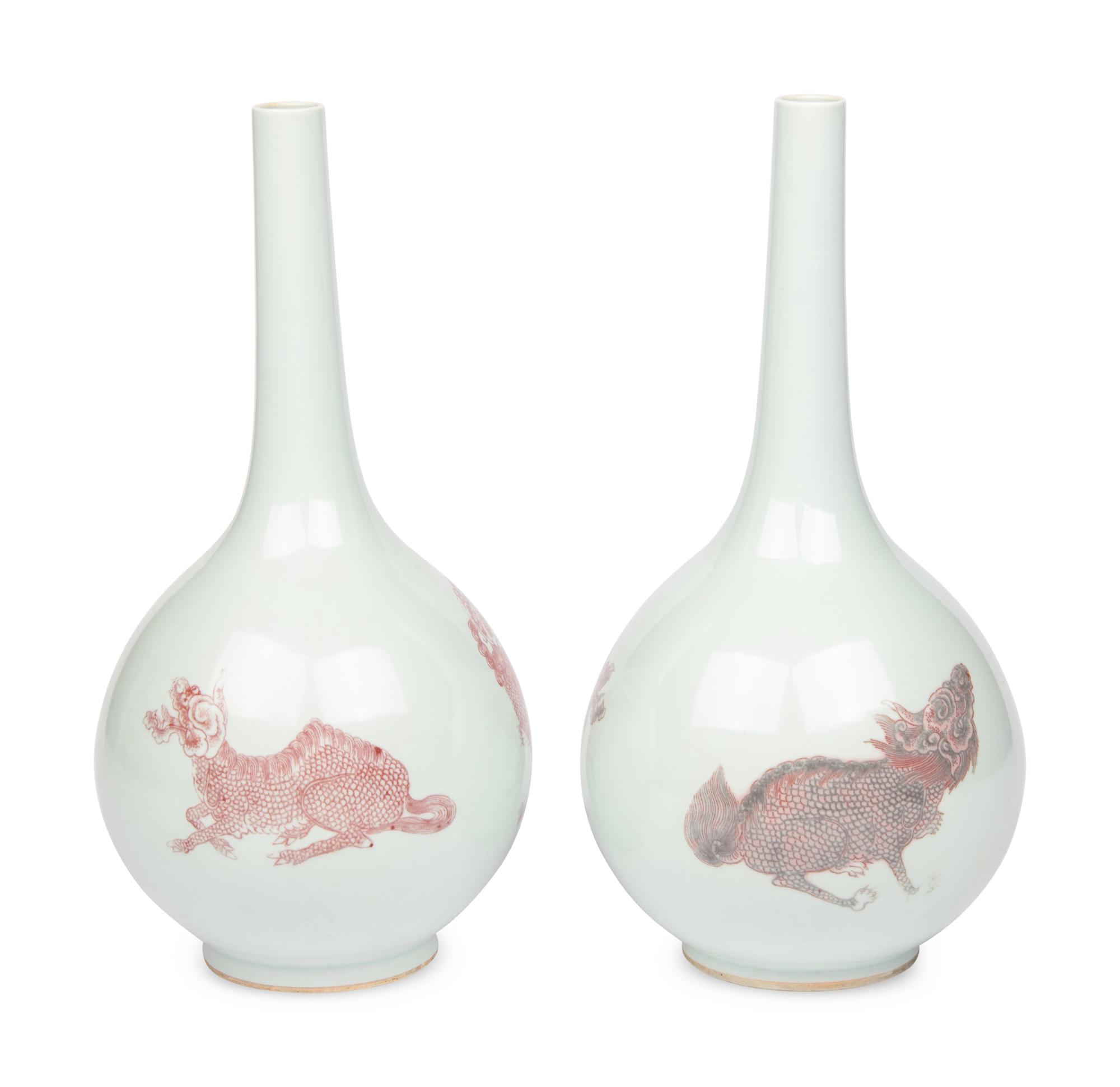 A Pair of Large Chinese Copper Red 'Lions' Vases
