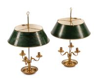 A Pair of French Gilt Bronze Bouillotte Lamps with Tole Shades