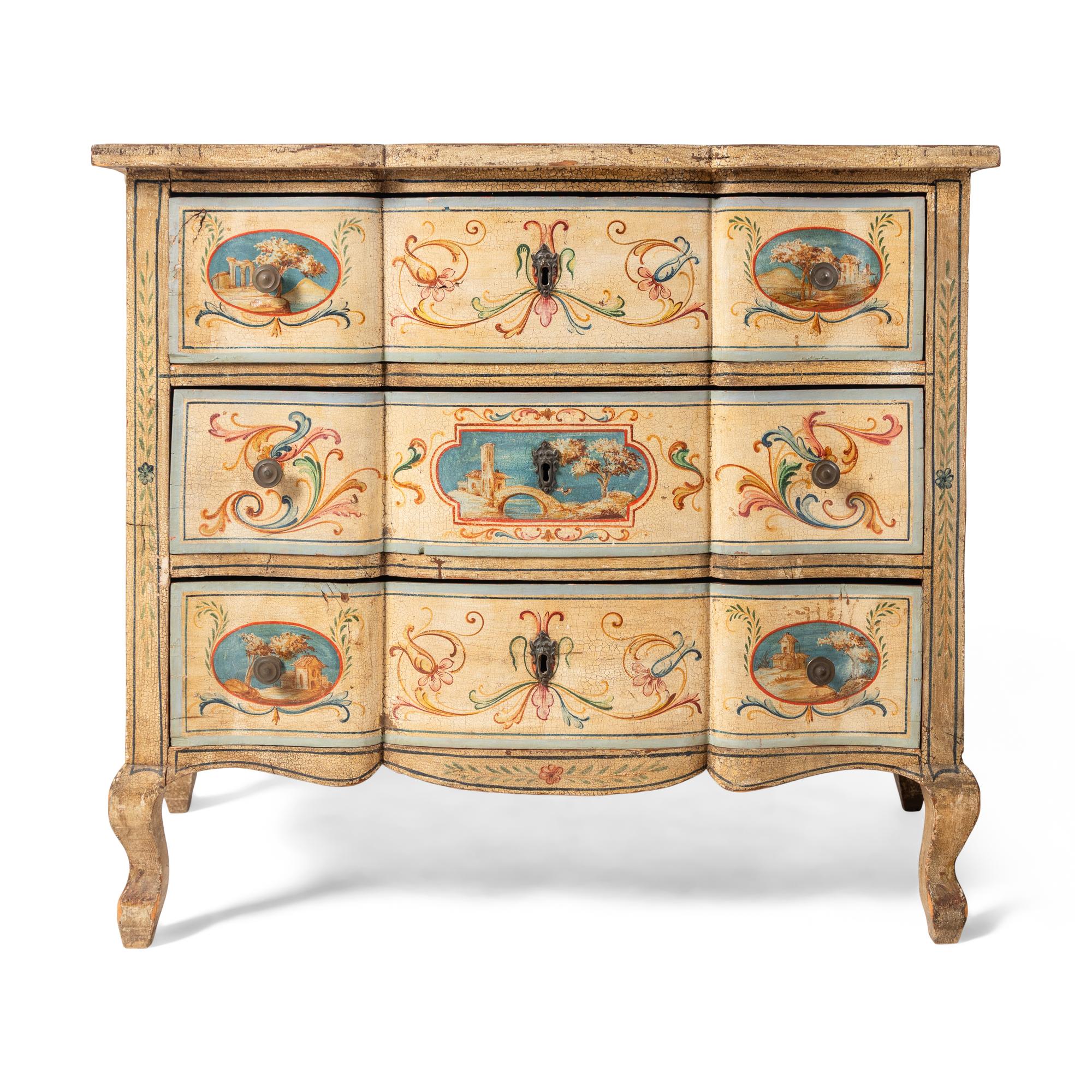 A Pair of Italian Neoclassical Painted Serpentine Chests of Drawers