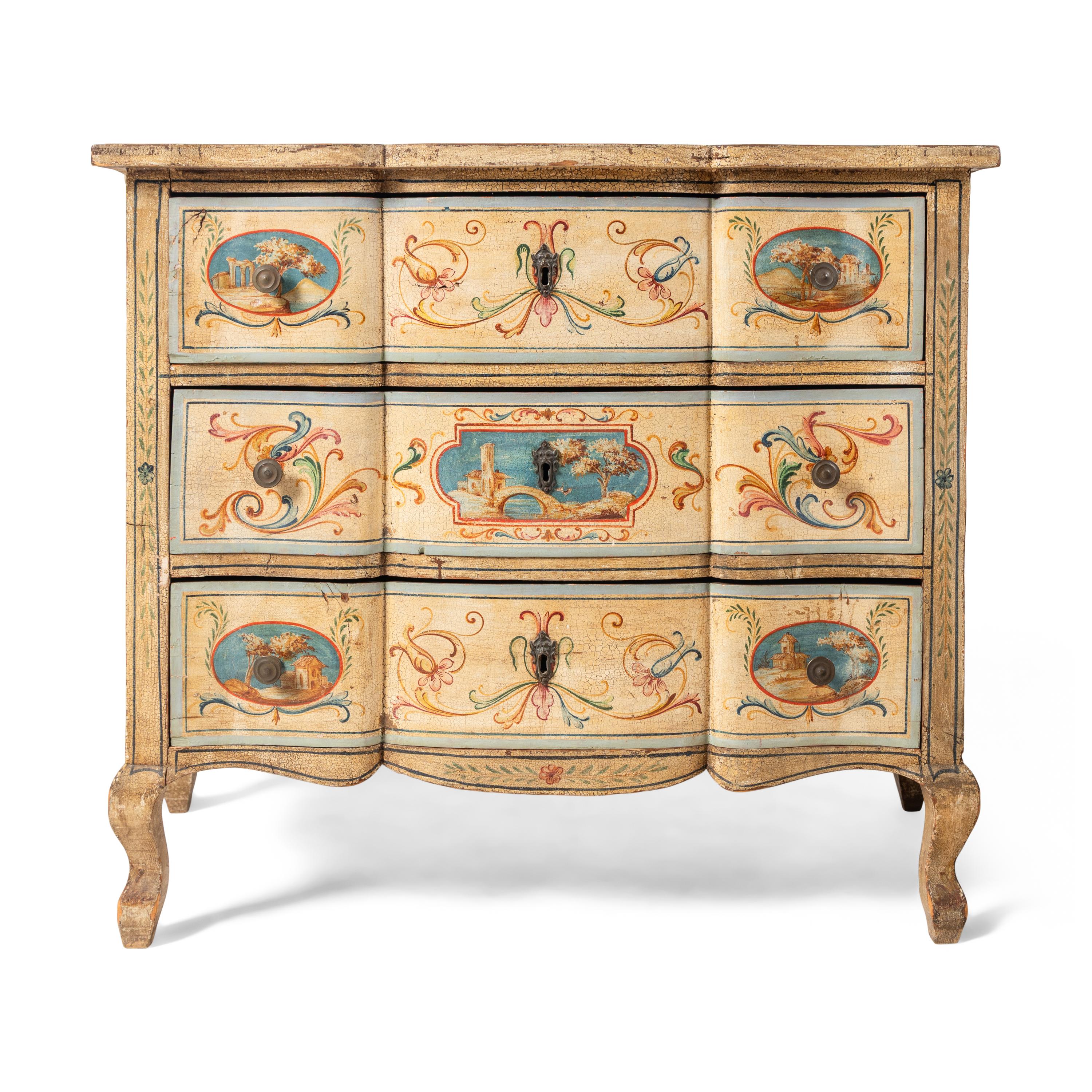A Pair of Italian Neoclassical Painted Serpentine Chests of Drawers