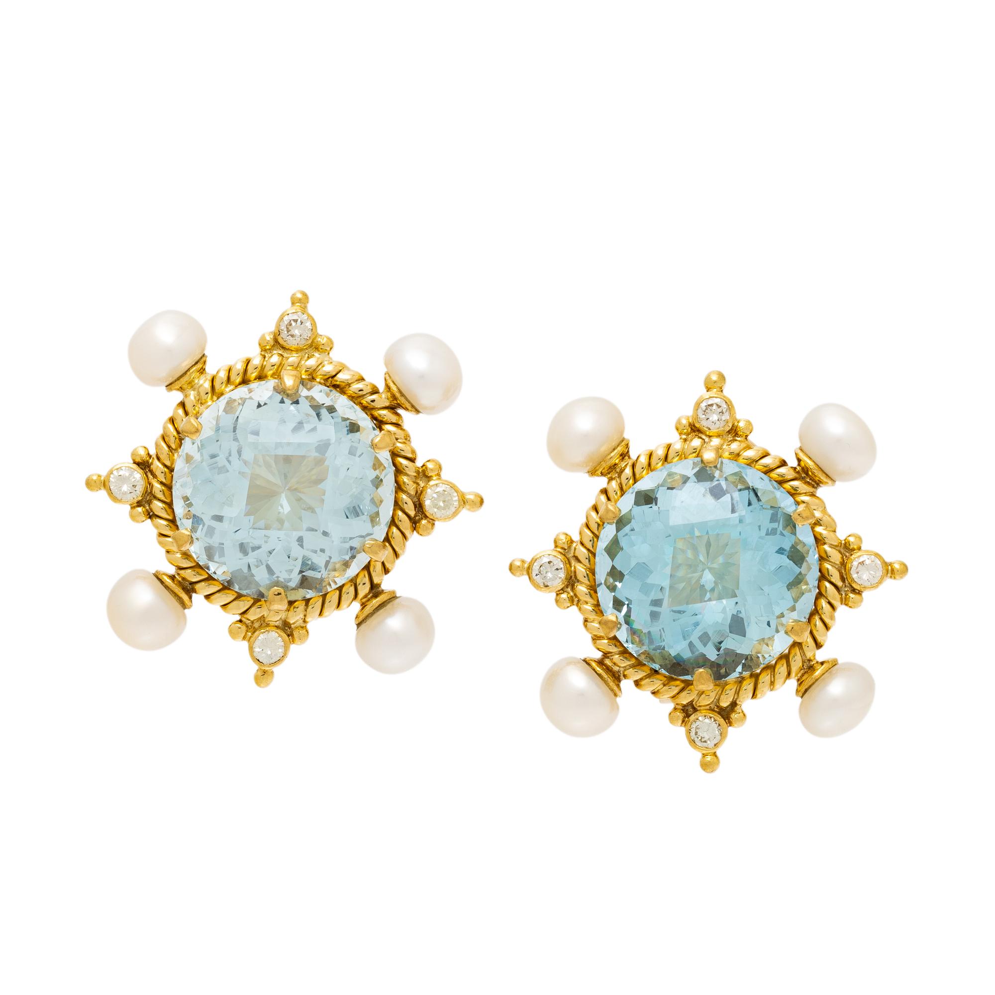 AQUAMARINE, CULTURED PEARL, DIAMOND, AND YELLOW GOLD EARRINGS