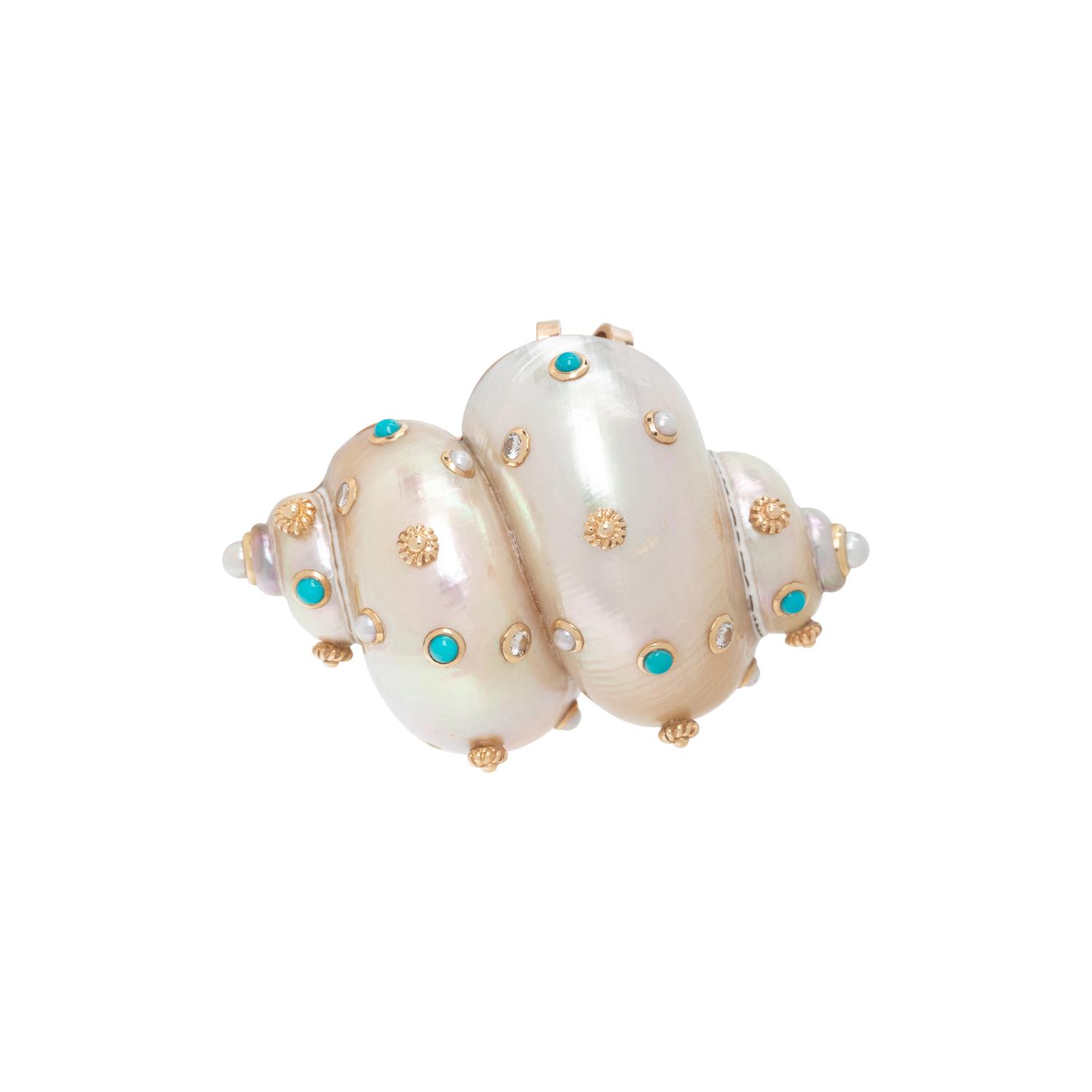 VERDURA, DIAMOND, TURQUOISE, CULTURED PEARL AND SHELL BROOCH