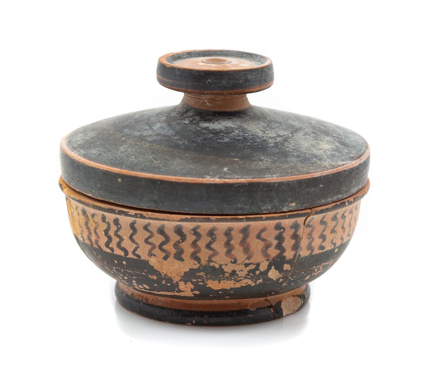 A Greek Pottery Lidded Bowl Diameter 3 inches.