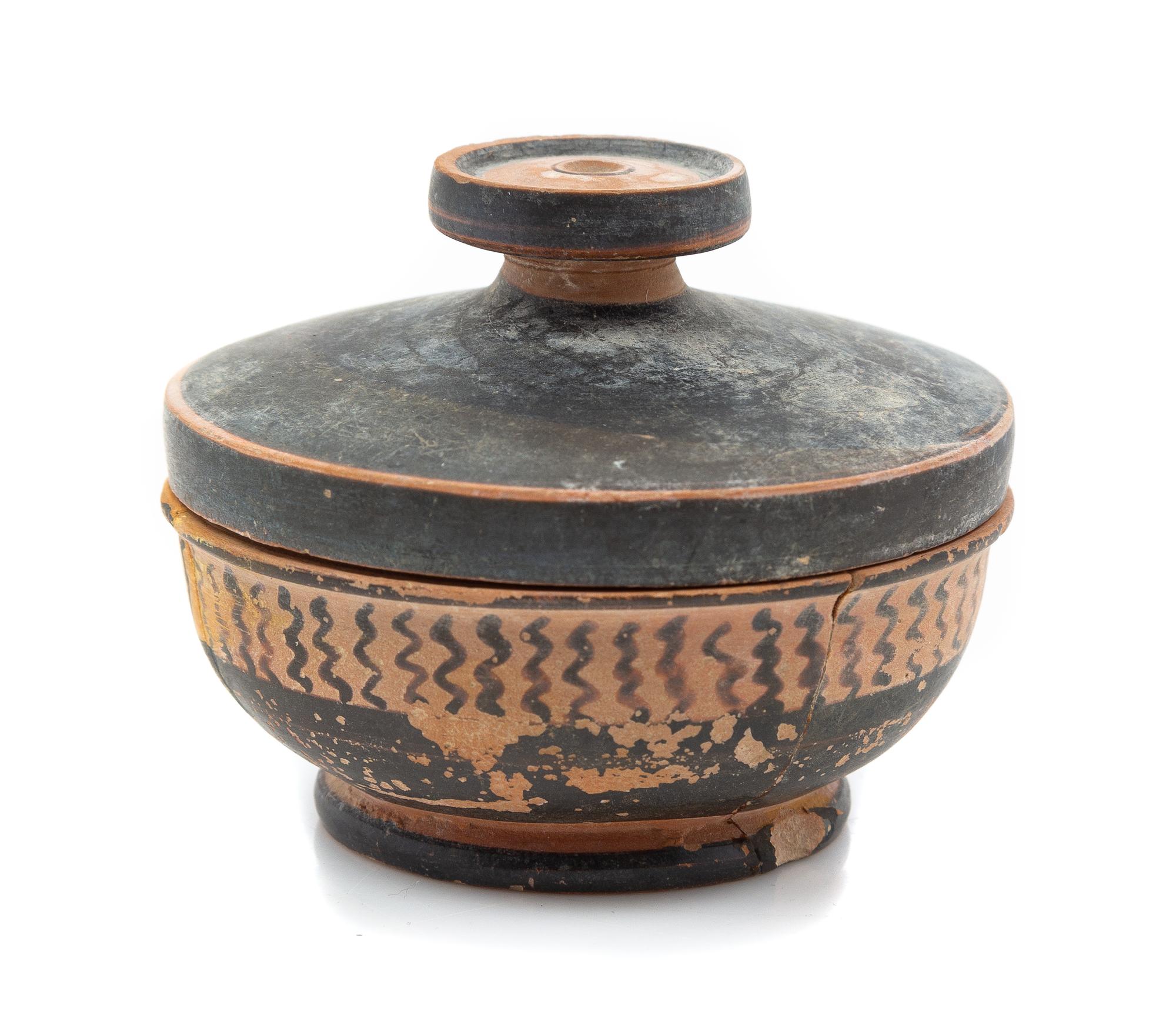 A Greek Pottery Lidded Bowl Diameter 3 inches.