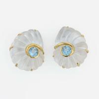 A pair of 18K yellow gold, rock crystal, and blue topaz ear clips, Trianon Nautilus