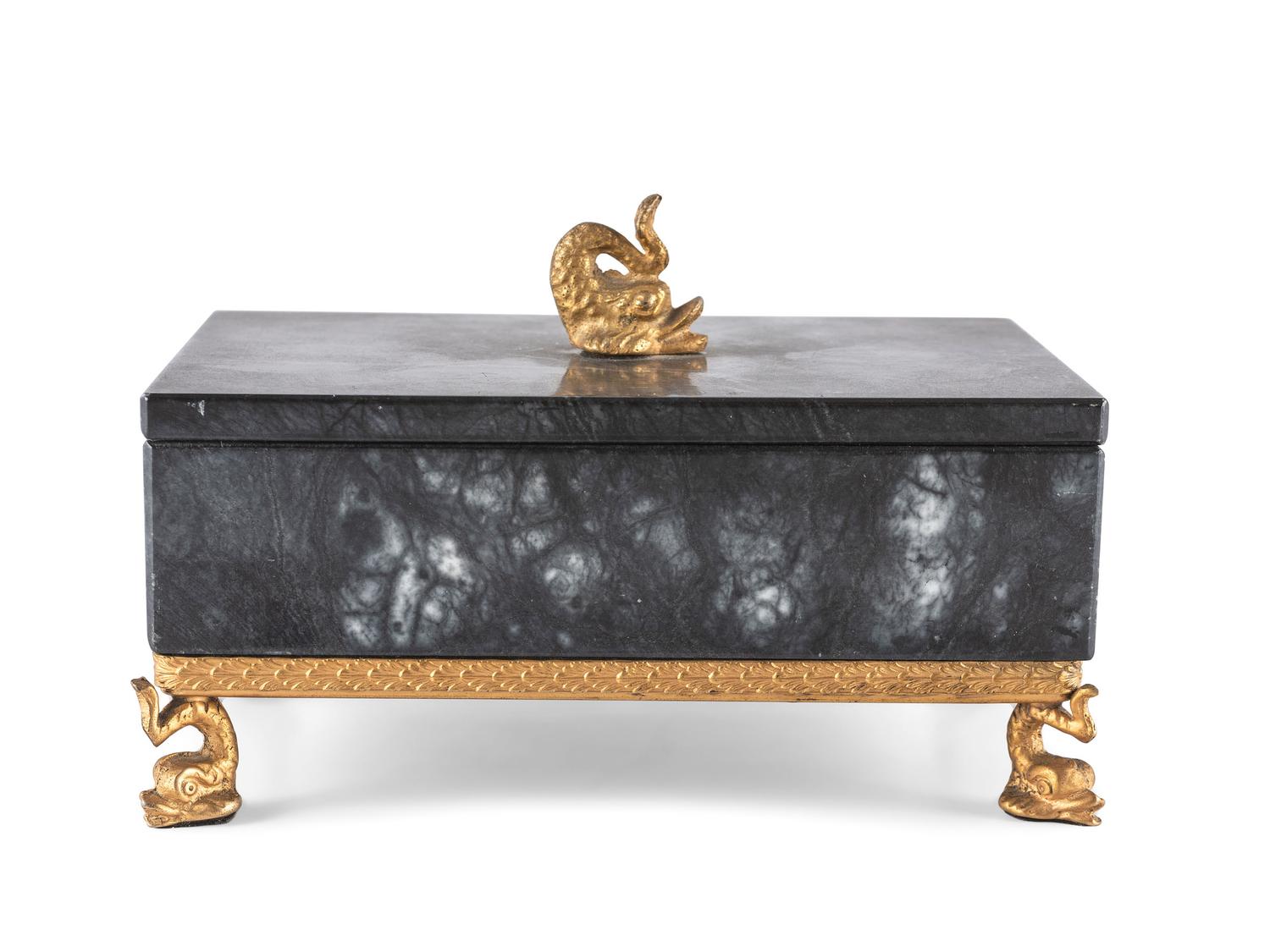 A Gilt and Black Onyx Box with Dolphin Finial