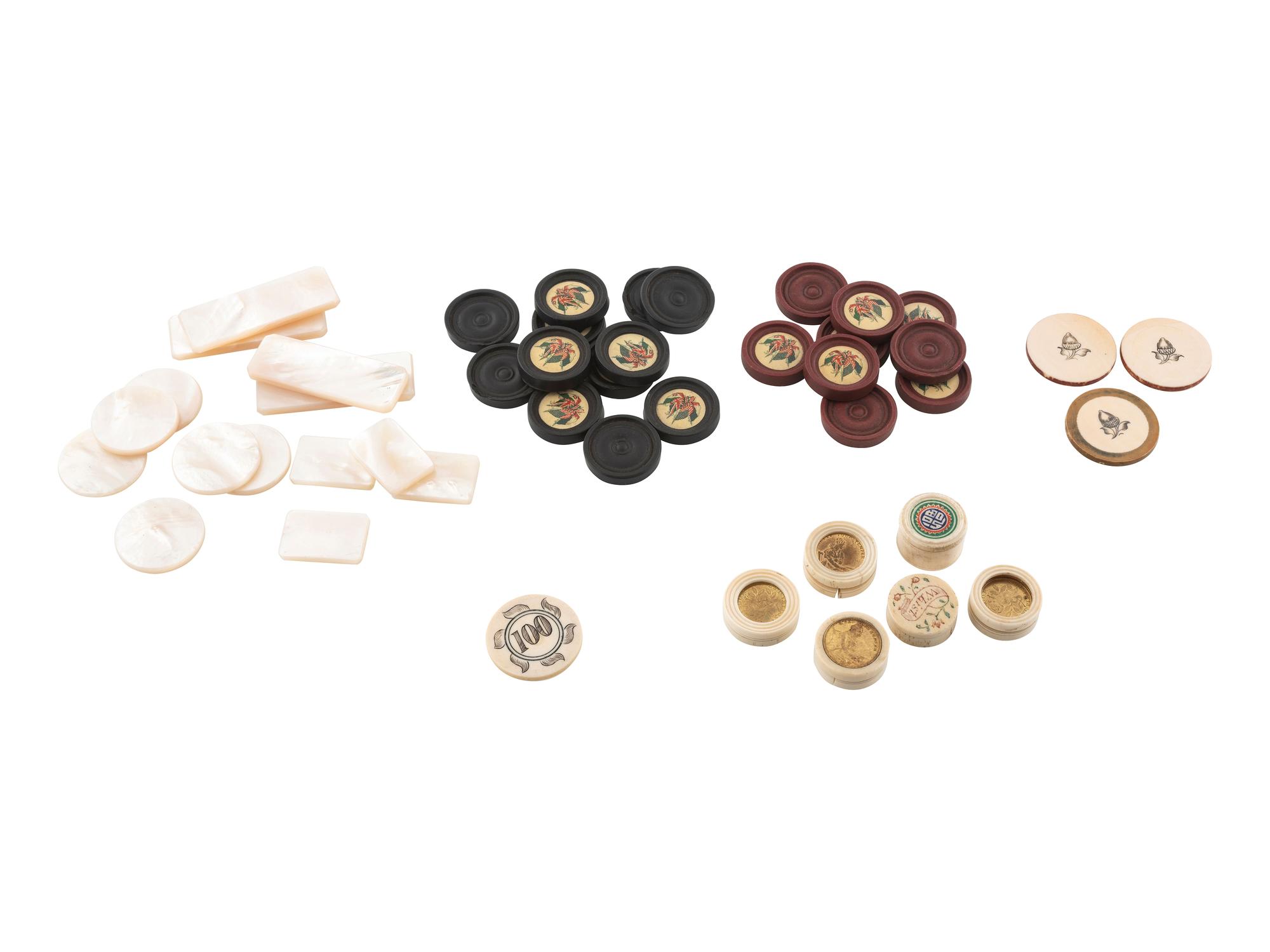 [GAME PIECES]. Game markers and playing pieces, ca WWI, including: