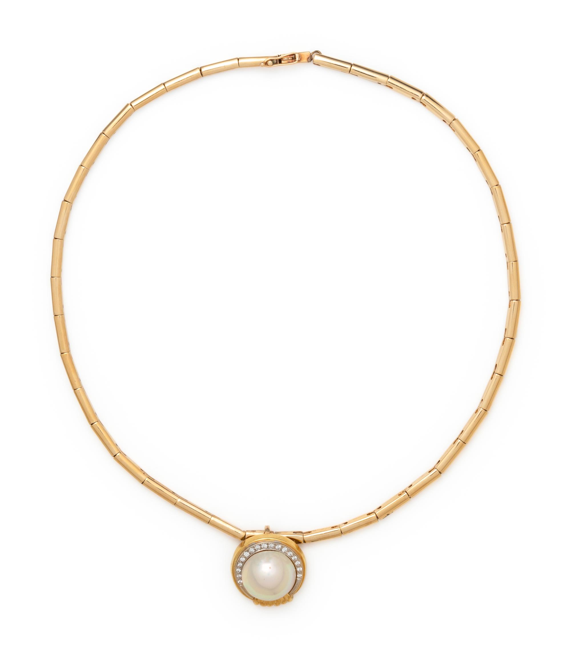 YELLOW GOLD, CULTURED MABE PEARL AND DIAMOND PENDANT/NECKLACE