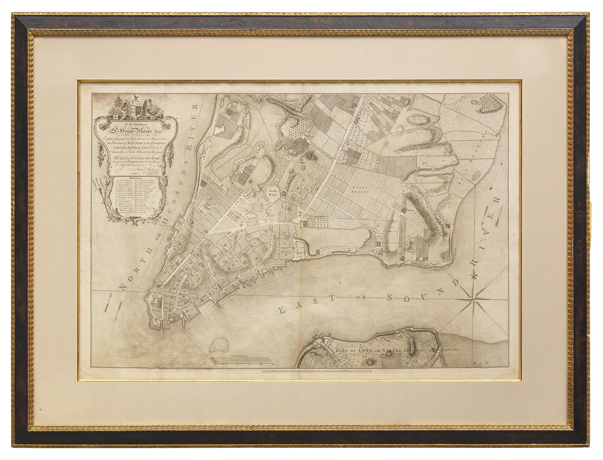[Maps & Atlases] [New York] Ratzer, Bernard. To His Excellency Sr. Henry Moore, Bart. Captain General and Govenour in Chief, in & over the Province of New York & the Territories depending thereon in America Chancellor & Vice Admiral of the same. This Plan of the City of New York...
