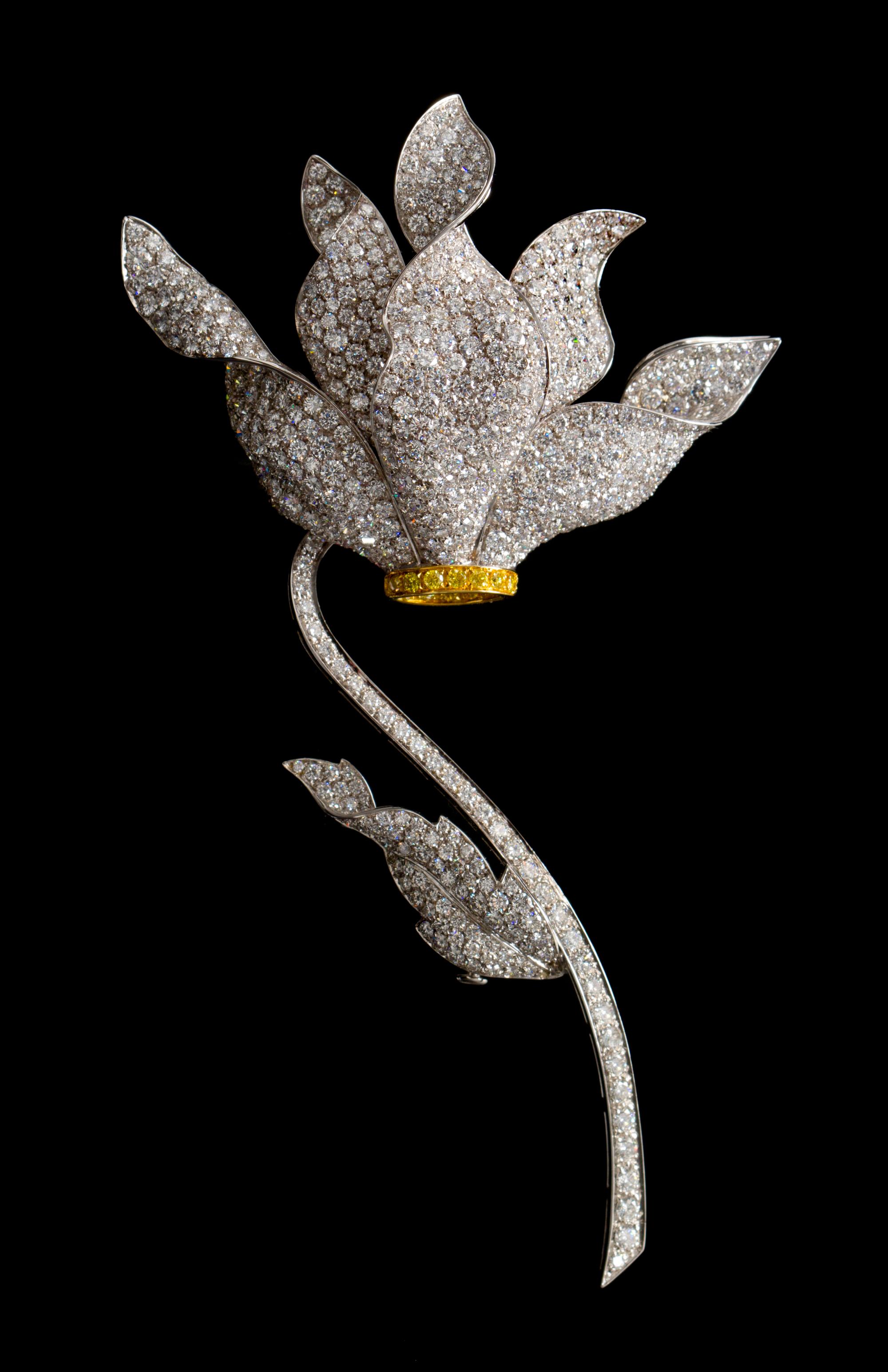 A Fine 18 Karat Gold, Colored Diamond and Diamond Flower Brooch, Ambrosi, 25.90 dwts.