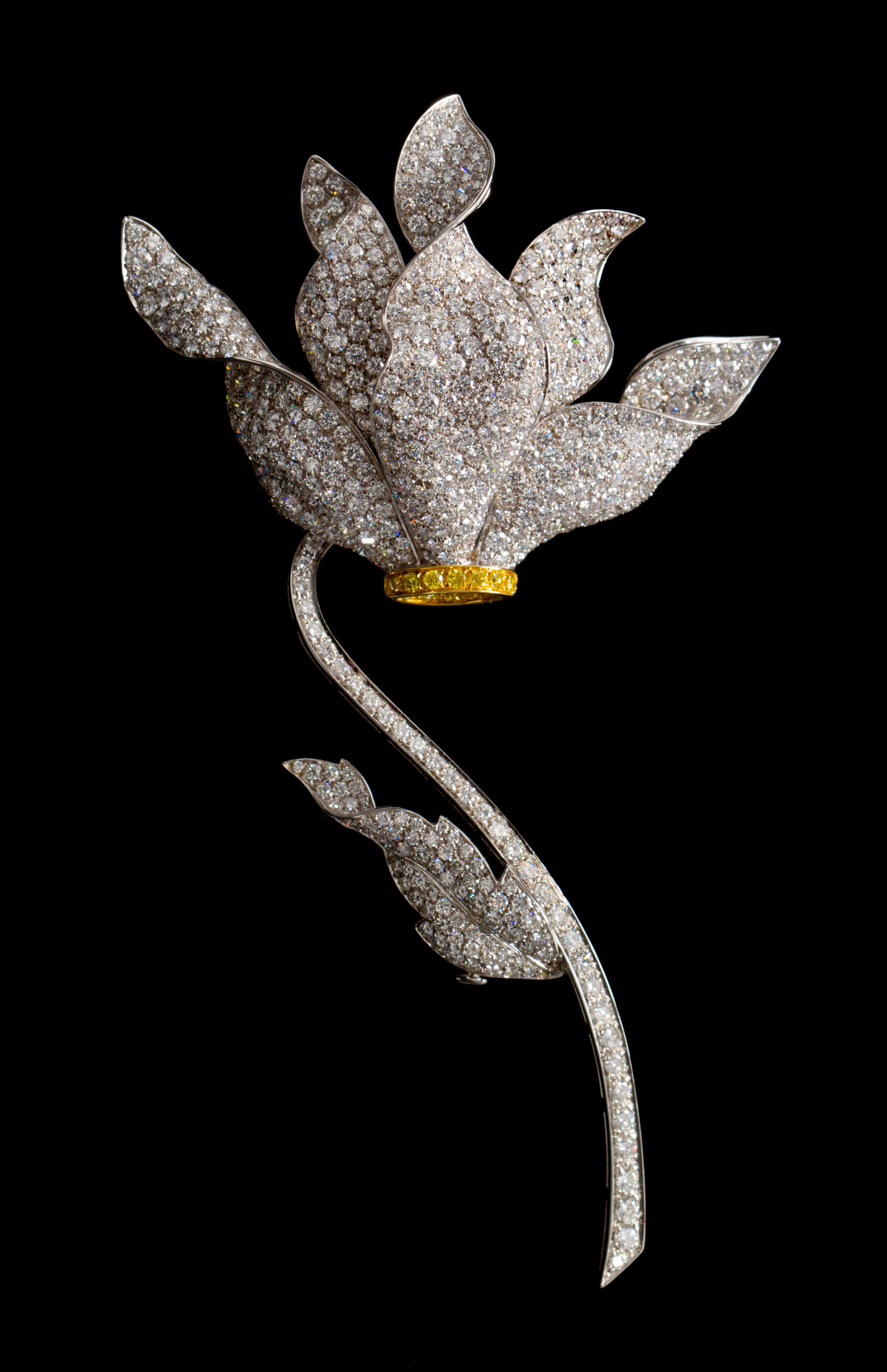 A Fine 18 Karat Gold, Colored Diamond and Diamond Flower Brooch, Ambrosi, 25.90 dwts.