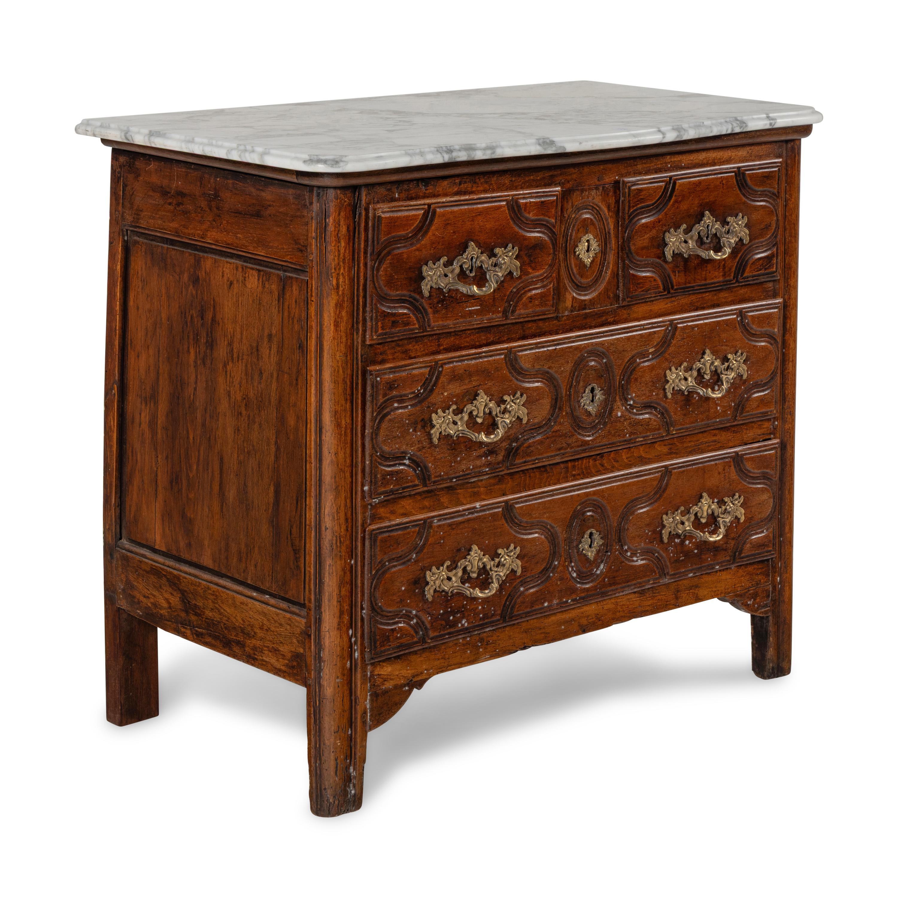 A Louis XV Walnut Marble-Top Commode