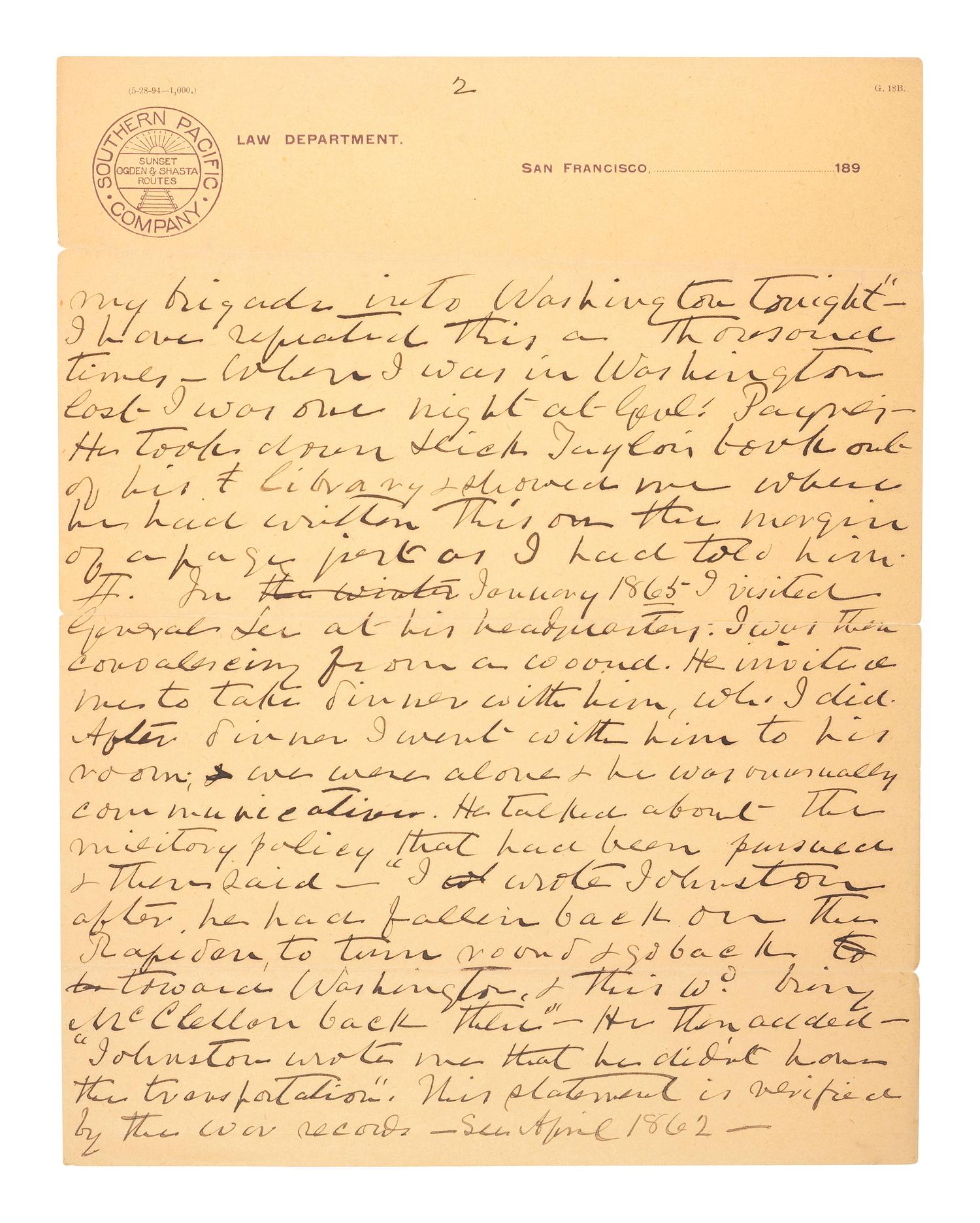 MOSBY, JOHN S. (1833-1916). ALS to General Fitzhugh Lee. San Francisco, CA, 17 December 1895. Revealing insights from conversations with General Robert E. Lee and the doctor who attended Stonewall Jackson at First Manassas.