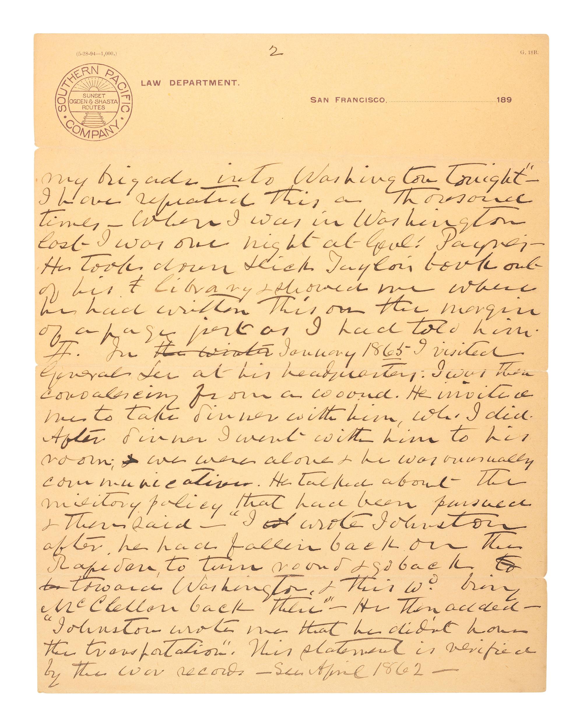 MOSBY, JOHN S. (1833-1916). ALS to General Fitzhugh Lee. San Francisco, CA, 17 December 1895. Revealing insights from conversations with General Robert E. Lee and the doctor who attended Stonewall Jackson at First Manassas.