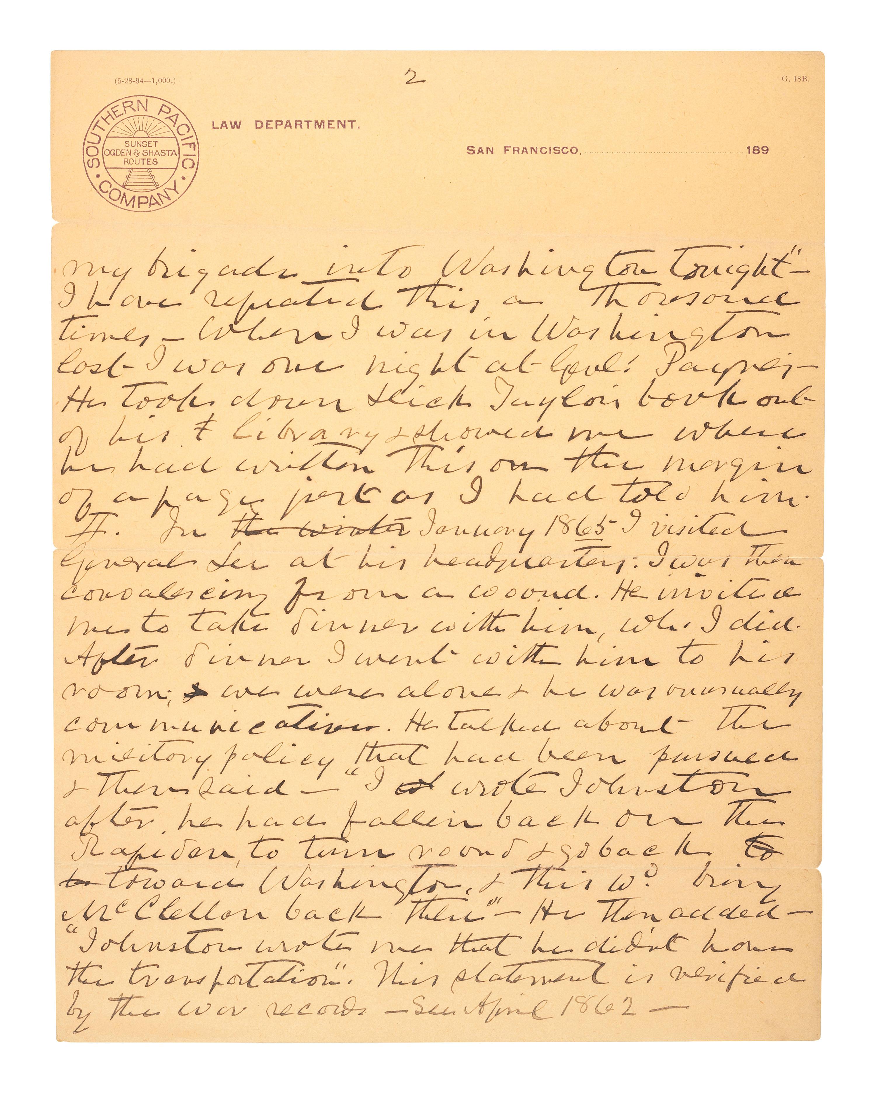 MOSBY, JOHN S. (1833-1916). ALS to General Fitzhugh Lee. San Francisco, CA, 17 December 1895. Revealing insights from conversations with General Robert E. Lee and the doctor who attended Stonewall Jackson at First Manassas.