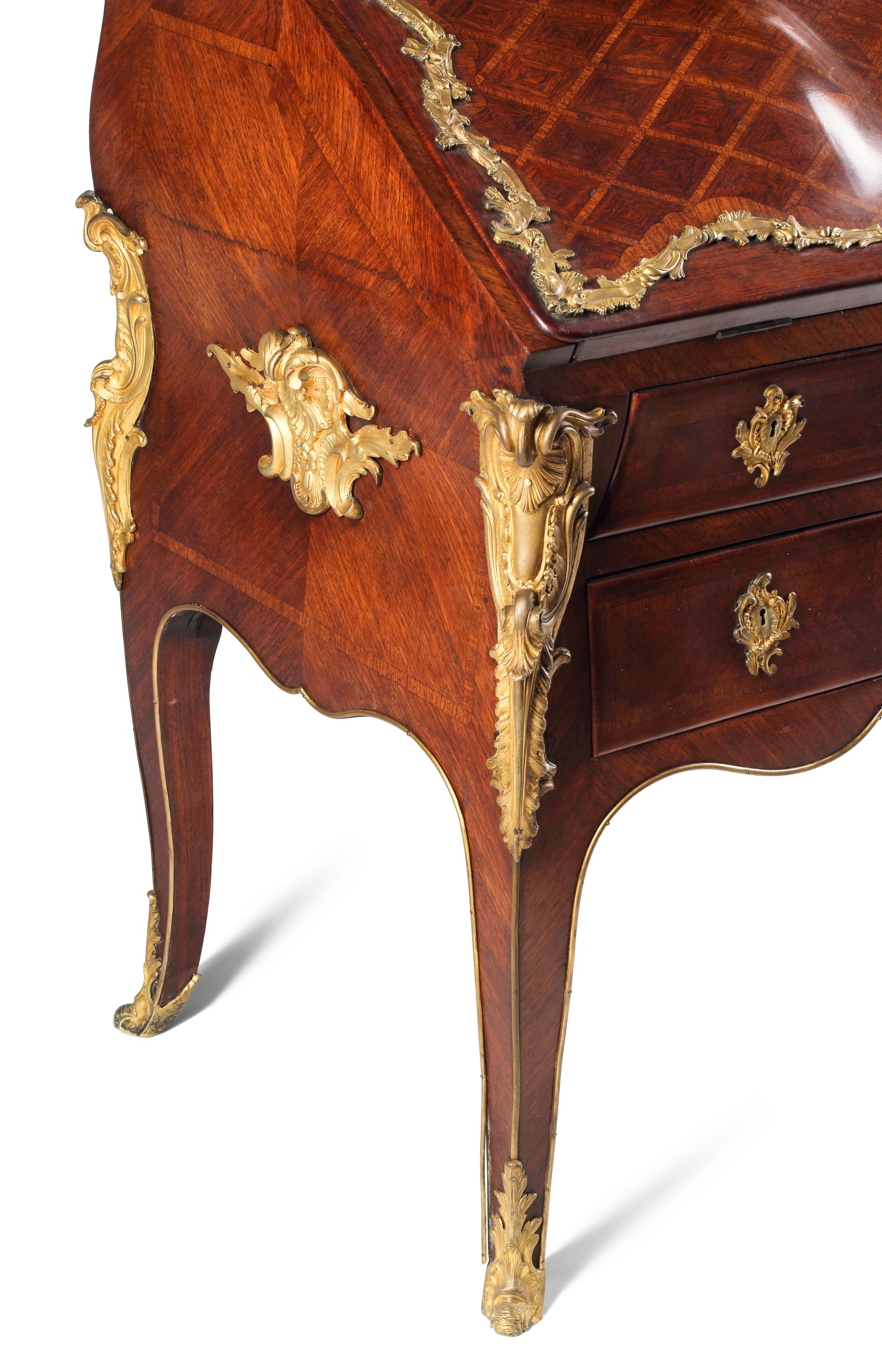 A Louis XV Style Parquetry and Gilt Bronze Mounted Slant-Front Bureau