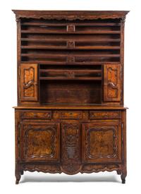 A French Provincial Step Back Cupboard, Height 86 x width 57 3/4 x depth 19 1/2 inches.