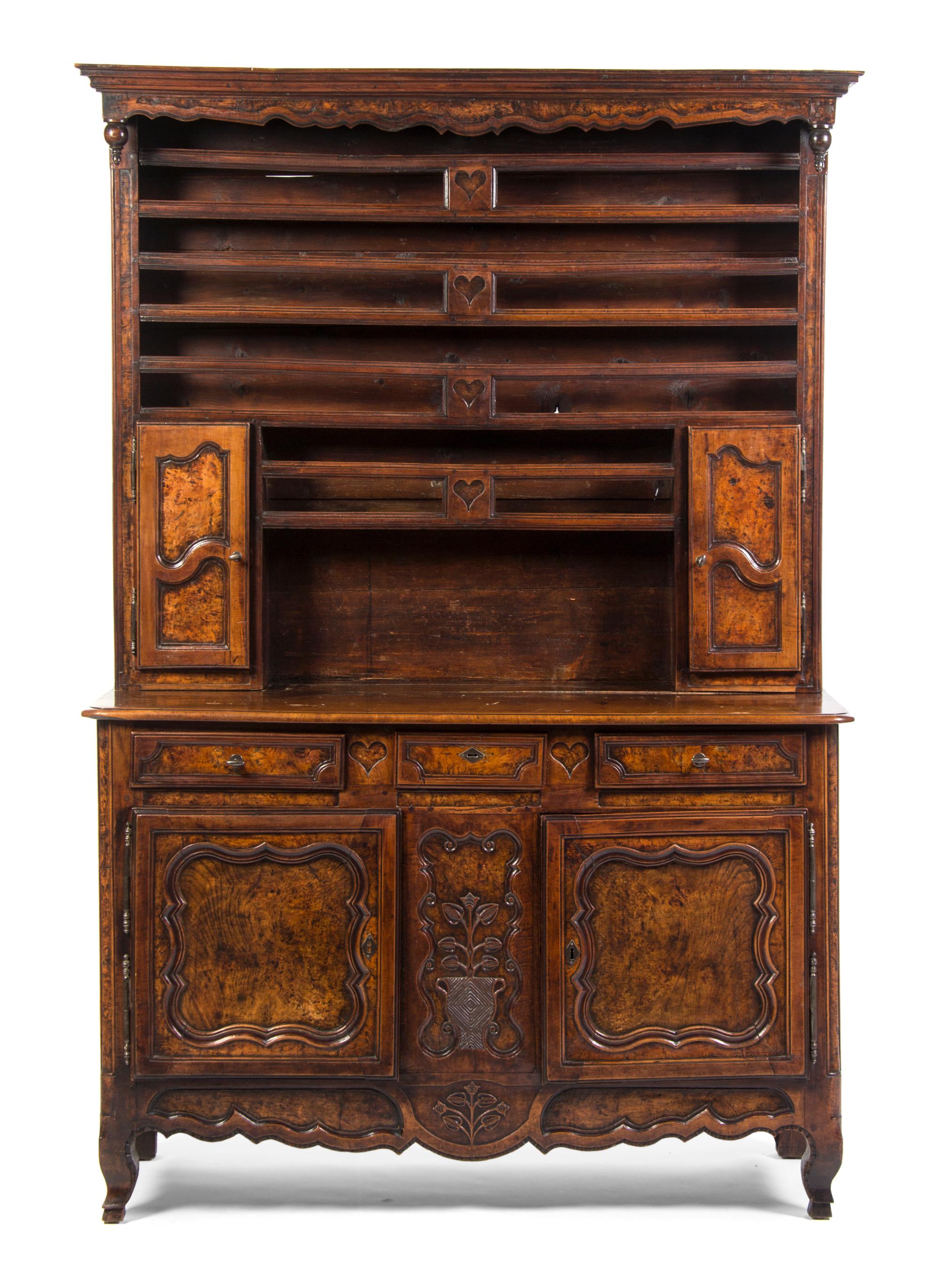A French Provincial Step Back Cupboard, Height 86 x width 57 3/4 x depth 19 1/2 inches.