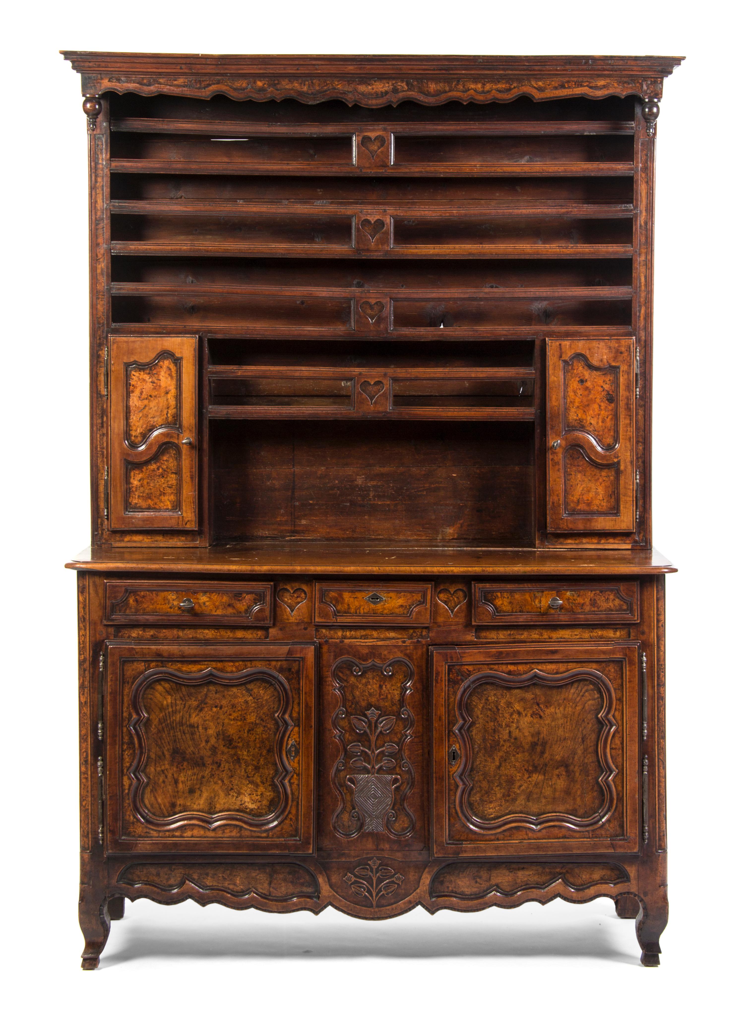 A French Provincial Step Back Cupboard, Height 86 x width 57 3/4 x depth 19 1/2 inches.