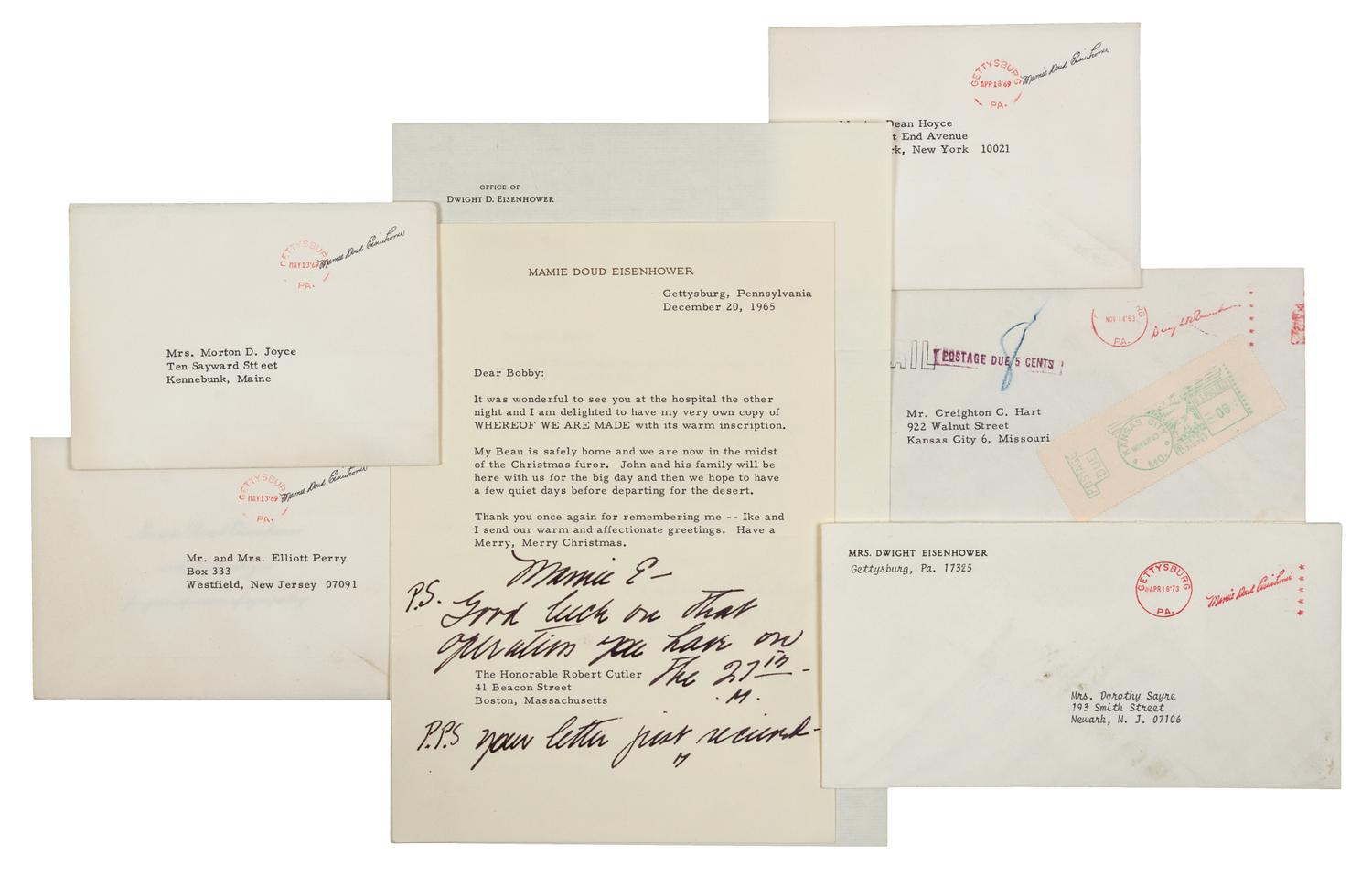 EISENHOWER, Dwight D. (1890-1969) -- EISENHOWER, Mamie Geneva Doud (1896-1979). A group of facsimile free franks and a letter comprising: