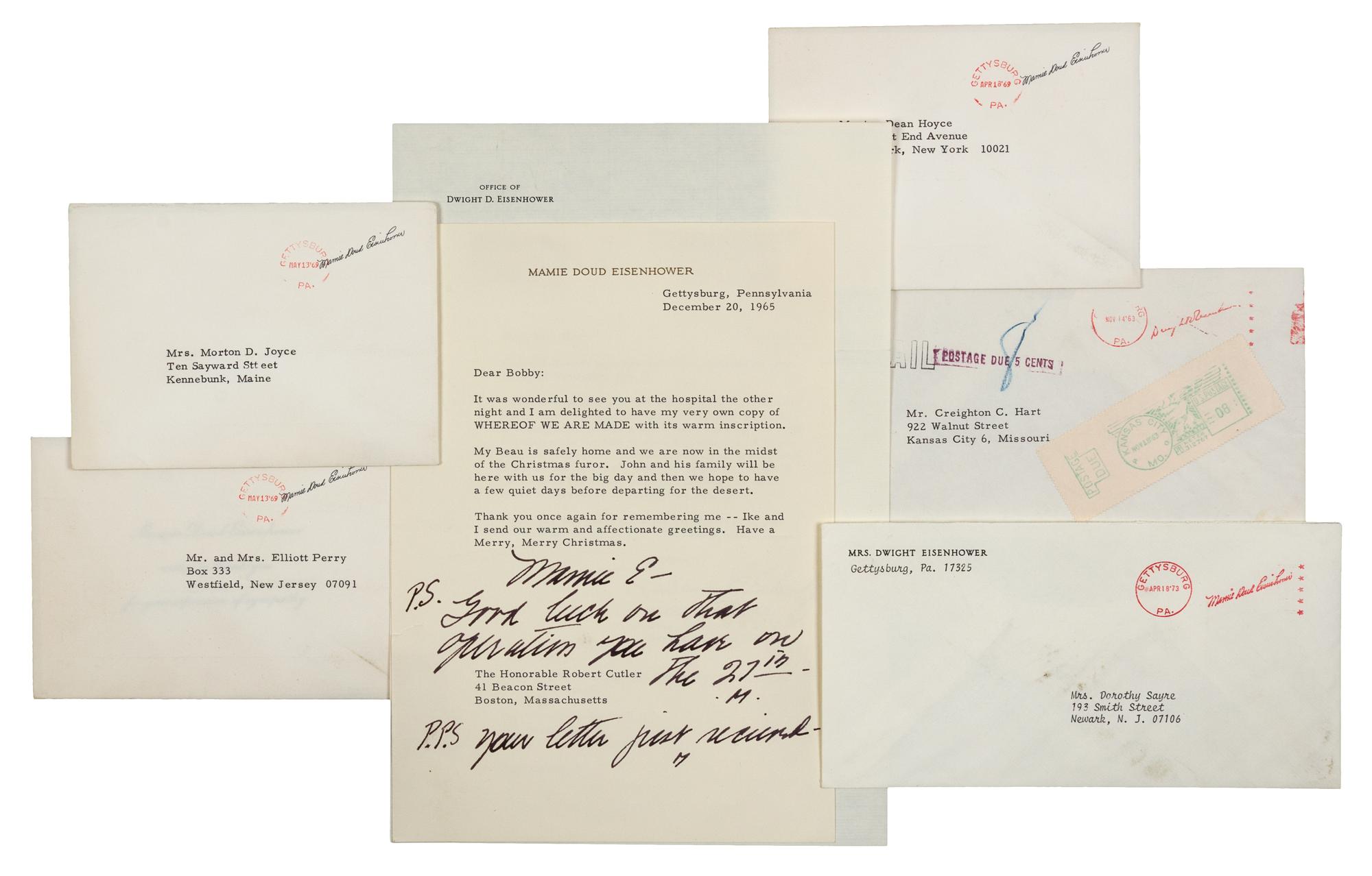 EISENHOWER, Dwight D. (1890-1969) -- EISENHOWER, Mamie Geneva Doud (1896-1979). A group of facsimile free franks and a letter comprising: