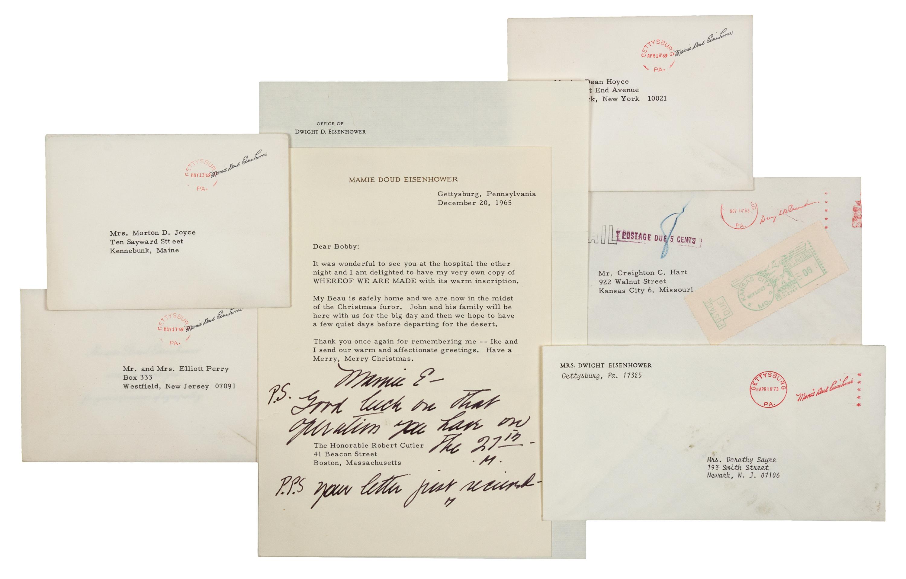 EISENHOWER, Dwight D. (1890-1969) -- EISENHOWER, Mamie Geneva Doud (1896-1979). A group of facsimile free franks and a letter comprising: