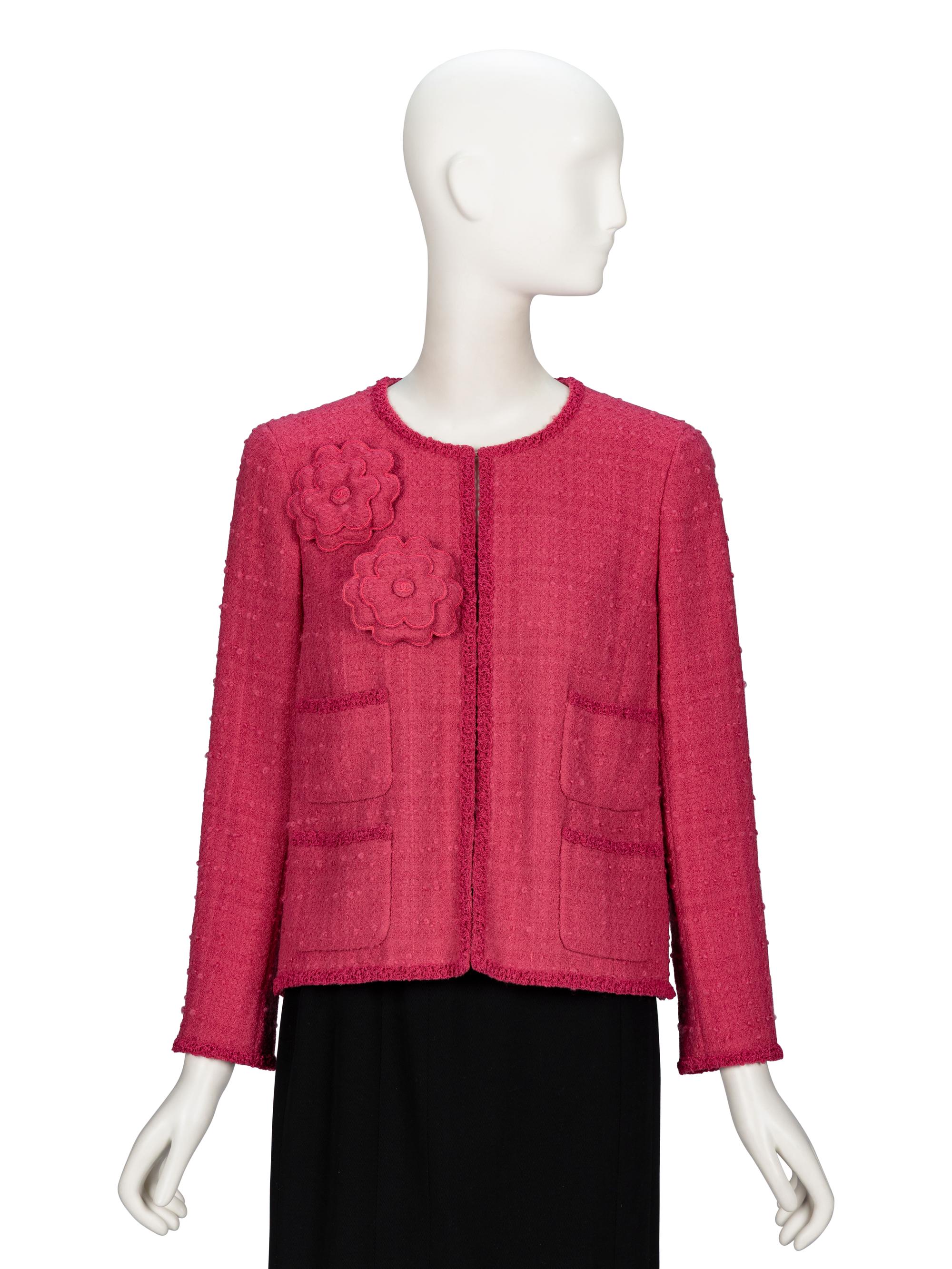 Chanel, Pink Tweed Cardigan Jacket with Tweed Camellias