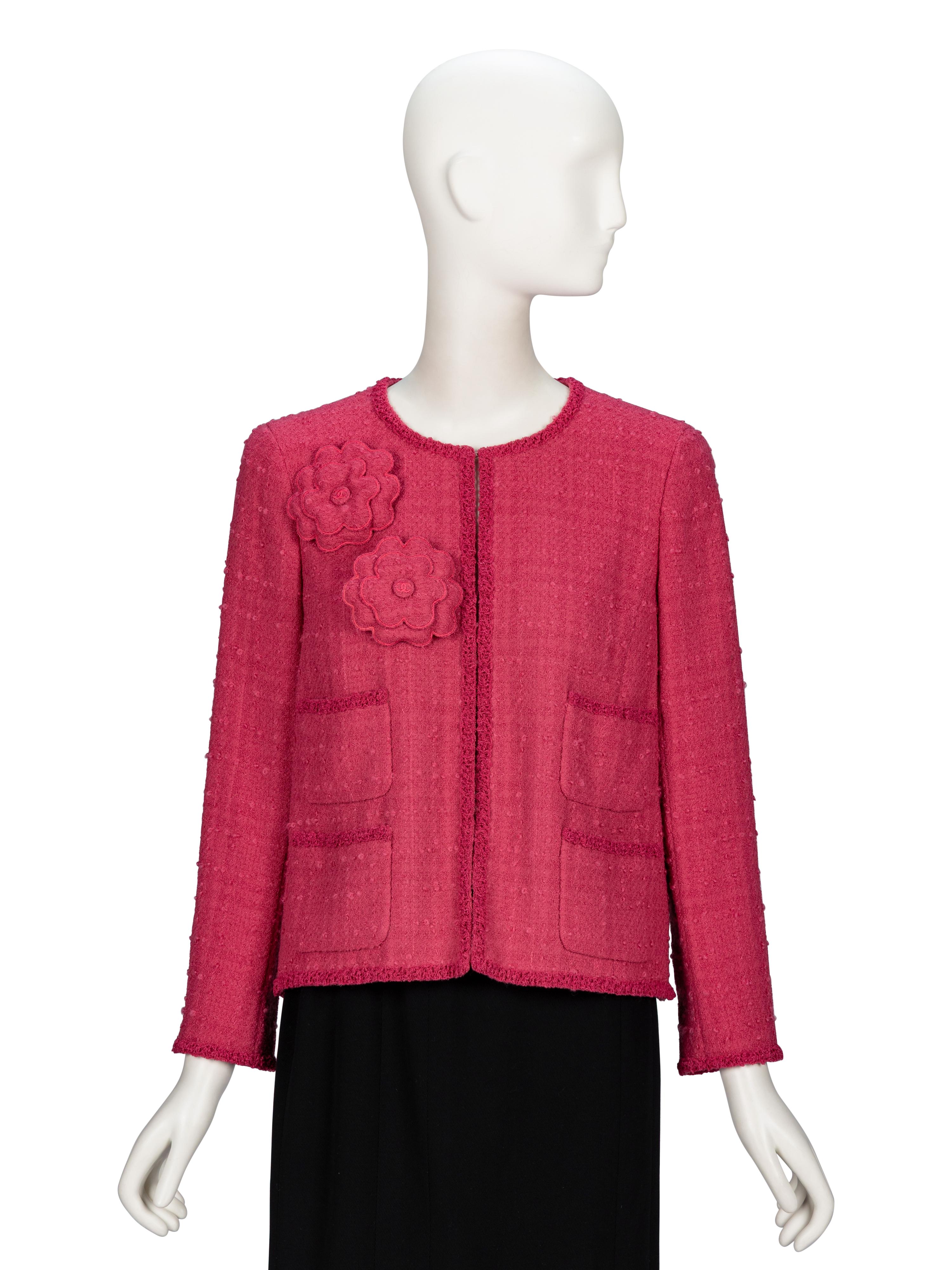 Chanel, Pink Tweed Cardigan Jacket with Tweed Camellias