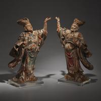 A Pair of Japanese Carved and Painted Wood Figures of Heavenly Dignitaries, Edo Period