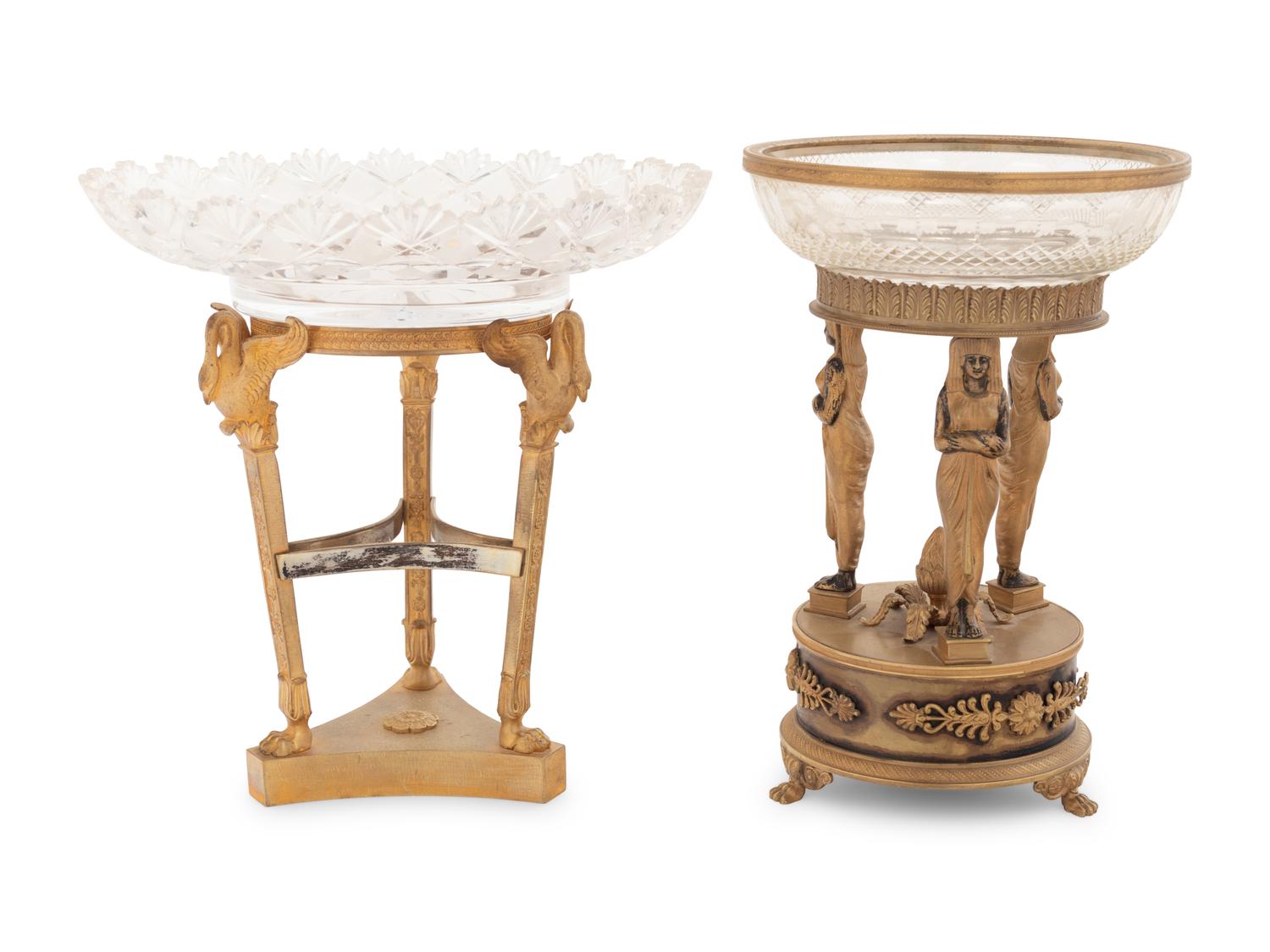 Two Empire Style Gilt Bronze and Cut Glass Centerpieces