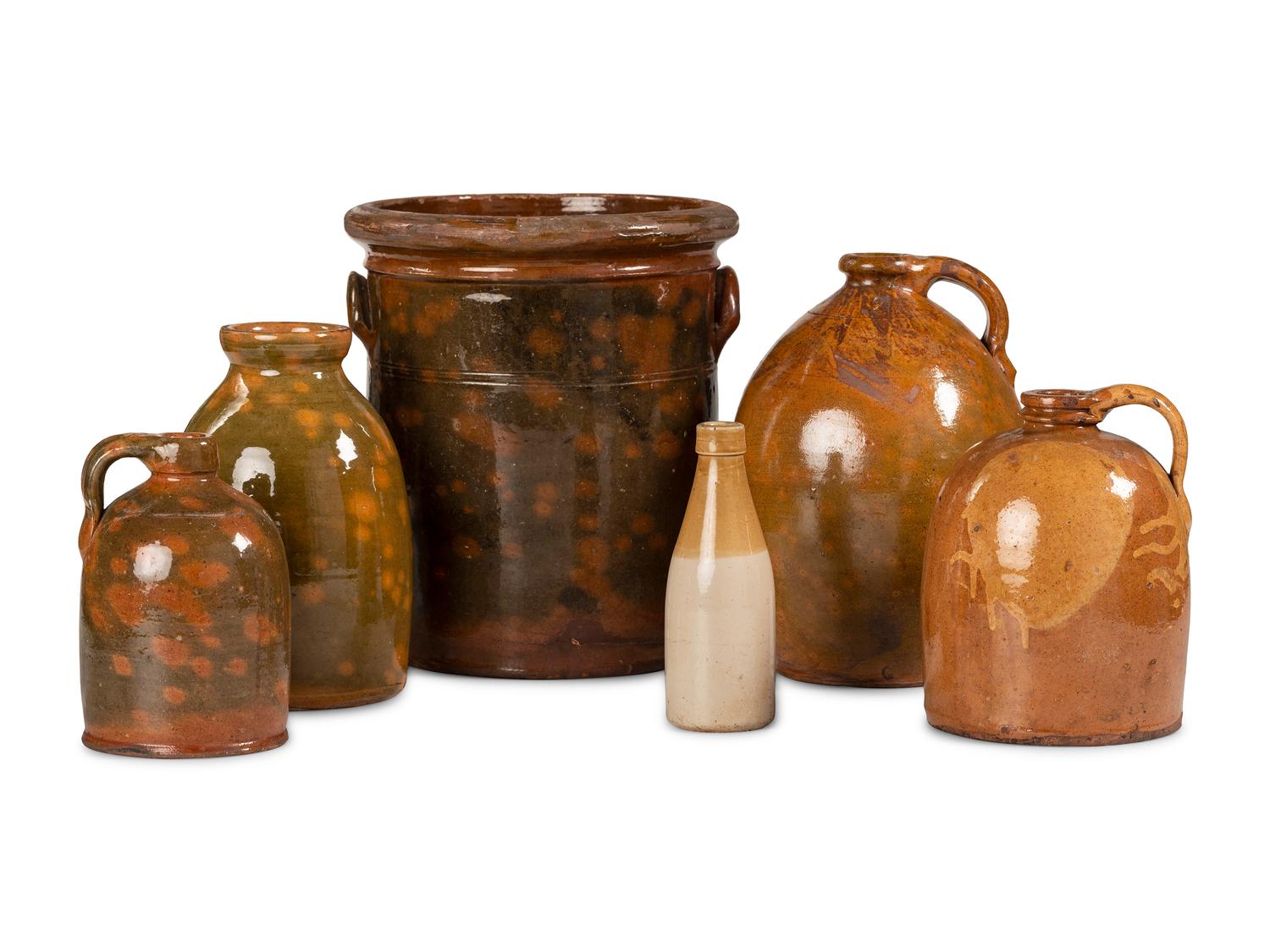 Six Galena Glaze Stoneware Crocks and Jugs