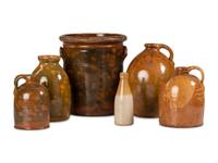 Six Galena Glaze Stoneware Crocks and Jugs