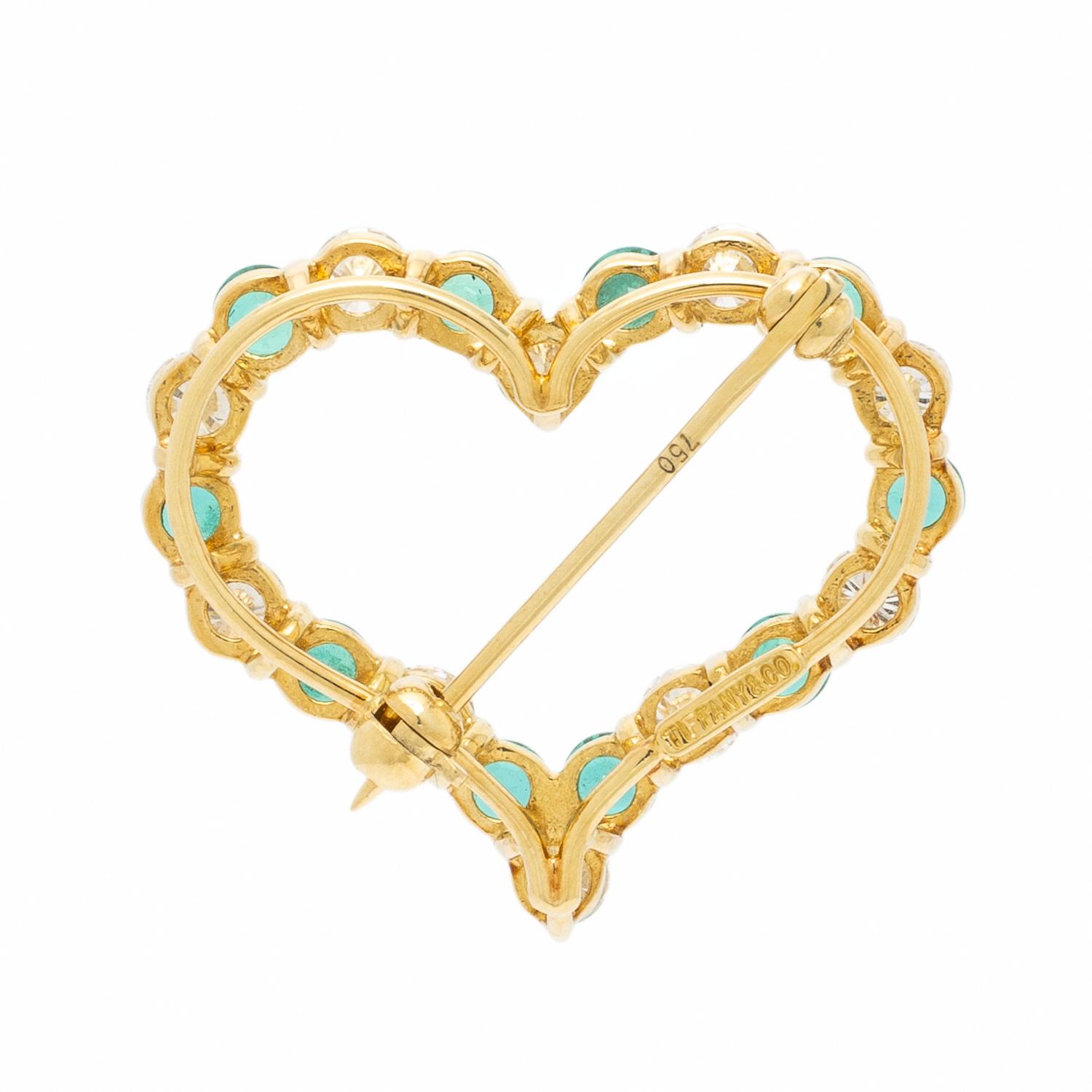 Tiffany and Co., Emerald, Diamond, and Yellow Gold Heart Brooch