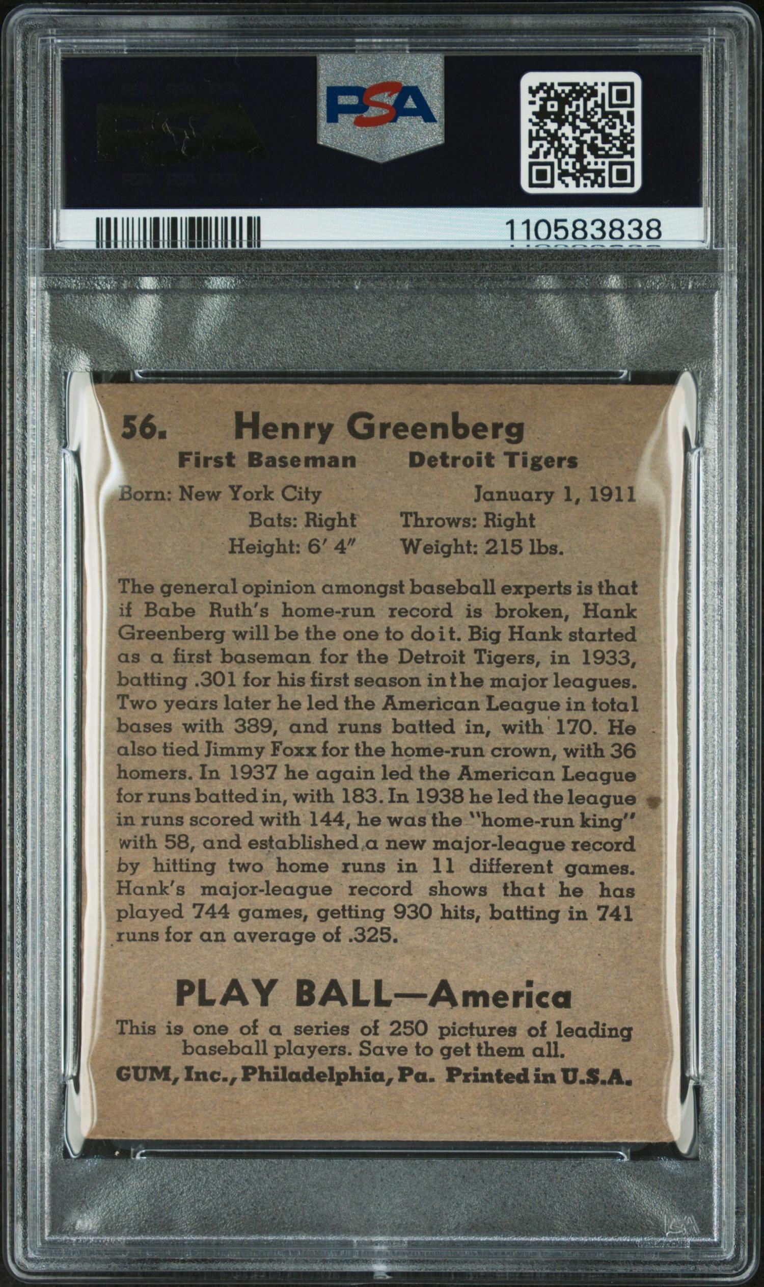 A 1939 Hank Greenberg Play Ball Baseball Card No. 56 (PSA 2.5 GOOD+)