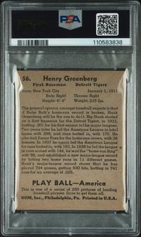 A 1939 Hank Greenberg Play Ball Baseball Card No. 56 (PSA 2.5 GOOD+)