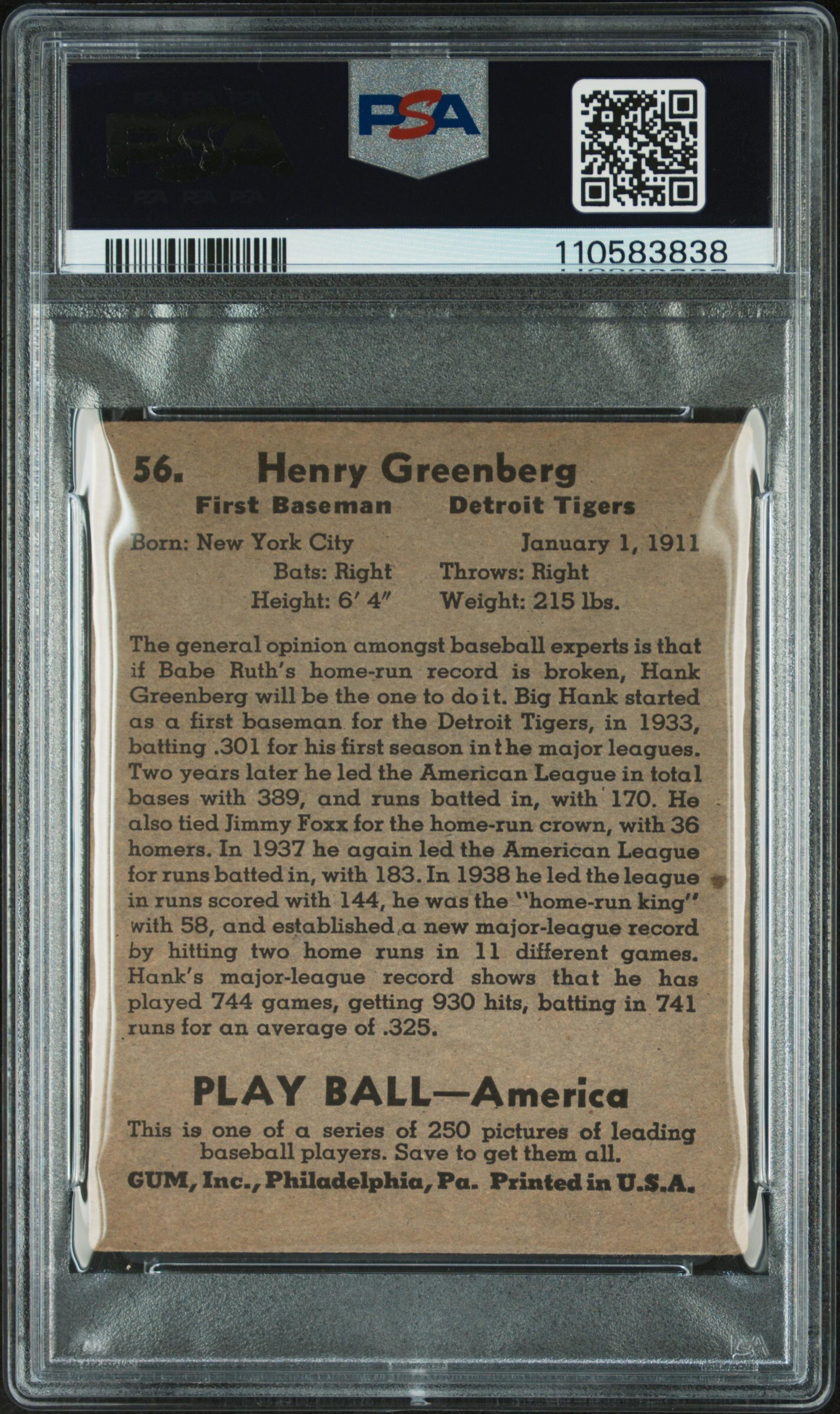 A 1939 Hank Greenberg Play Ball Baseball Card No. 56 (PSA 2.5 GOOD+)