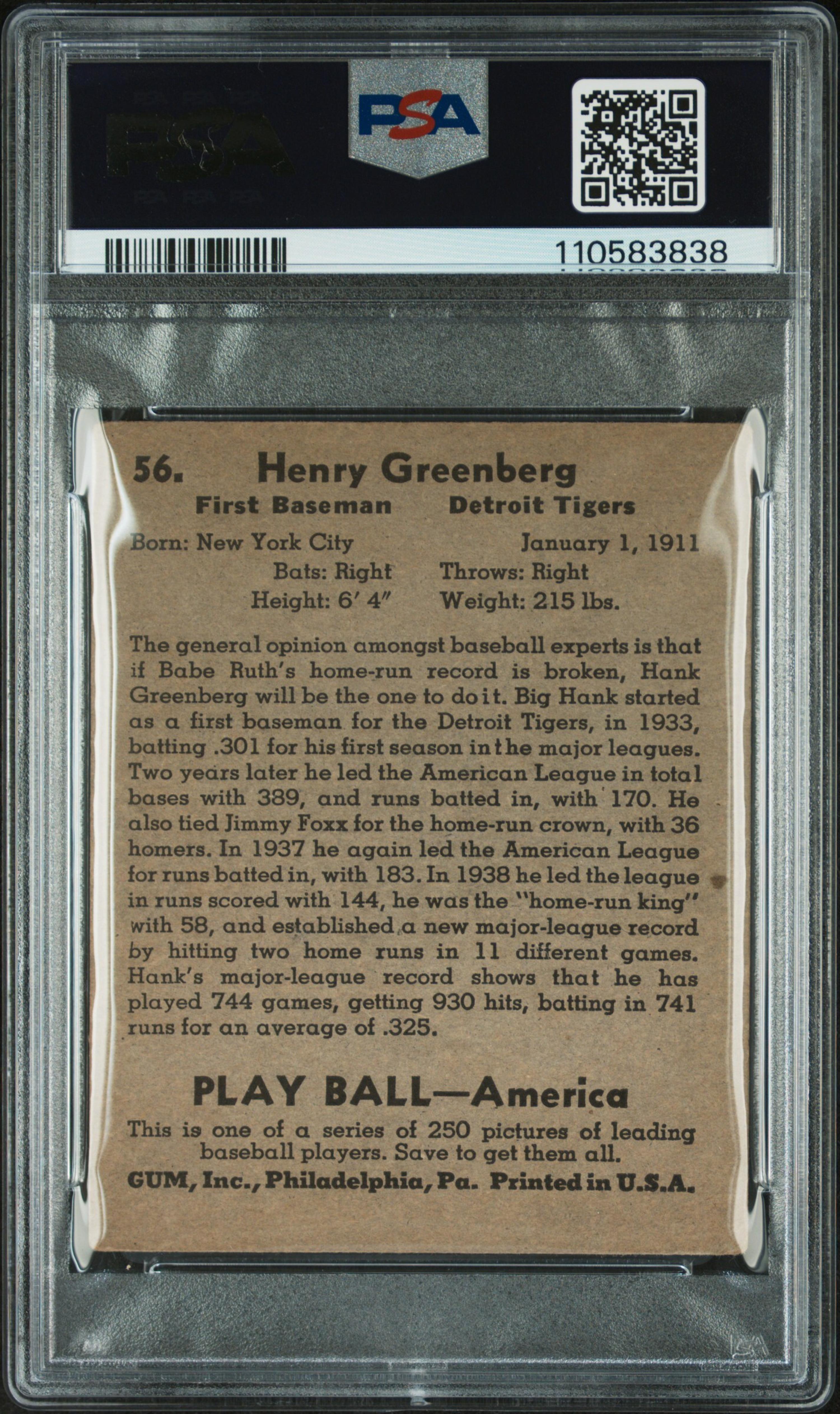 A 1939 Hank Greenberg Play Ball Baseball Card No. 56 (PSA 2.5 GOOD+)