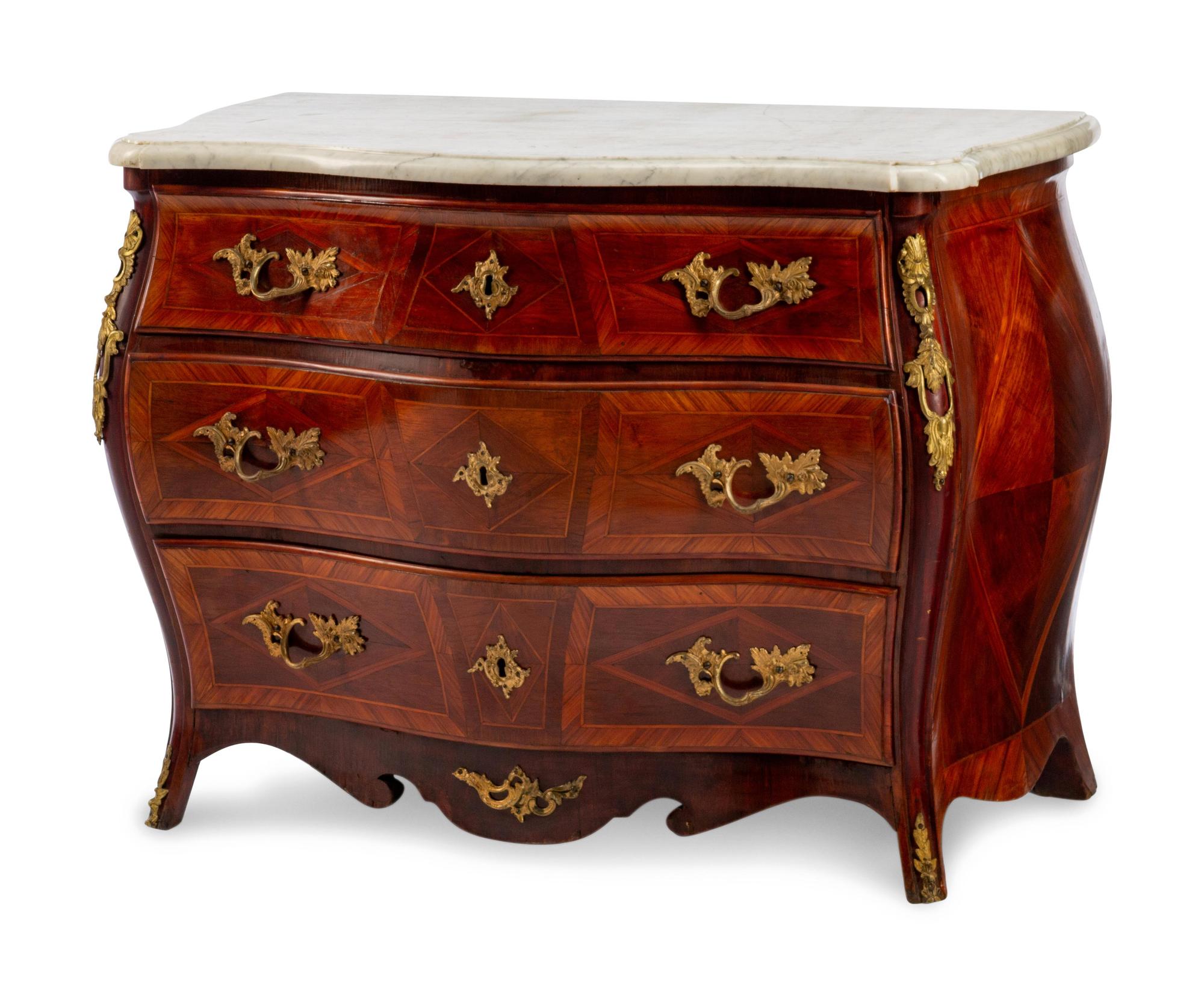A Swedish Louis XV Style Gilt Bronze Mounted Marquetry Commode
