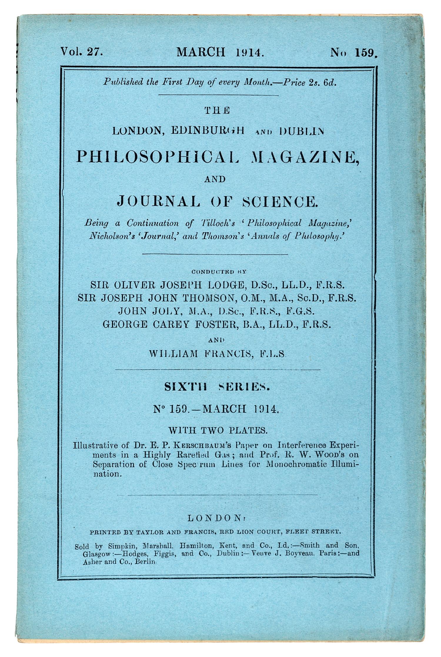 RUTHERFORD, Ernest, 1st Baron Rutherford of Nelson (1871-1937). “The Structure of the Atom.” In: The London, Edinburgh and Dublin Philosophical Magazine , Sixth Series, Vol. 27, No. 159, pp. 488-498. London: Taylor and Francis, March 1914.